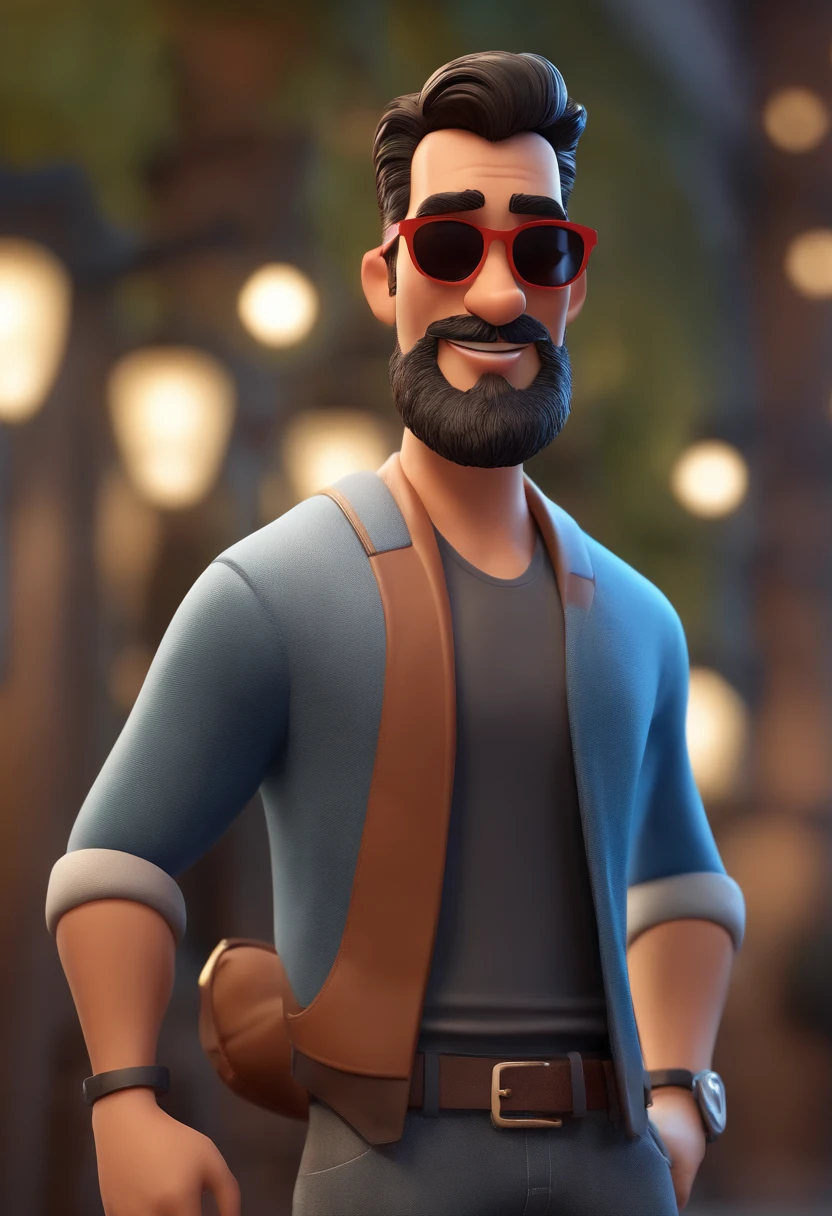 Cartoon character of a man with sunglasses, cabelo preto e grisalhos com barba grande e uma camisa azul, animation character, Caractere estilizado, animation style rendering, 3D estilizado, Arnold Maya render, 3 d render stylized, toon render keyshot, Personagem 3D, Personagem 3D, 3d rendering stylized, 3 d character render, personagem de desenho animado, Personagem de close up, Pose de personagem,  (Estilo Pixar) (master part:1.2) (Bokeh) (best quality) (pele detalhada) (textura detalhada) (8k) (argila) (Cinematic lighting) (foco nítido