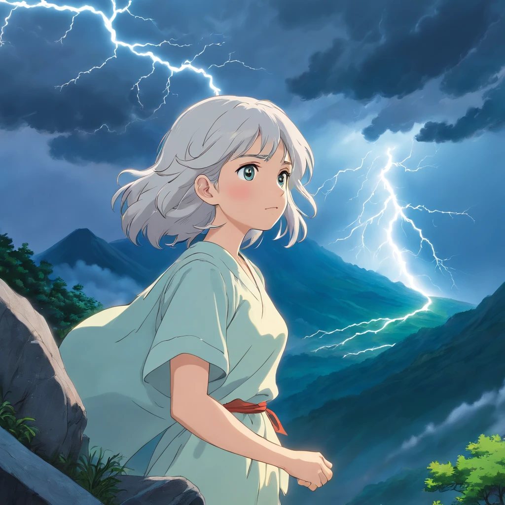 A woman of white skin On the edge of a mountain Thunderstorm. With big winds On his hair