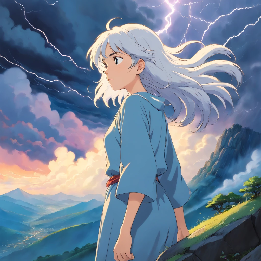 A woman of white skin On the edge of a mountain Thunderstorm. With big winds On his hair