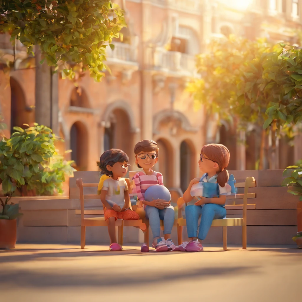 Two children sitting in a square with their parents, escuchando la charla de los padres. full hf