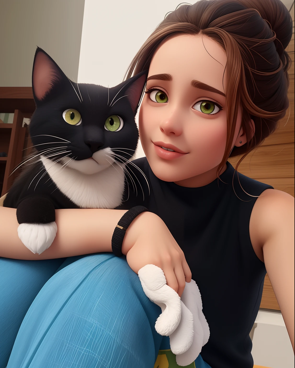 magra com olhos verdes cabelo preso e cacheado,s, bochechas magras e batom vermelho, segurando um gato com bochechas magras preto com cara de deboche, e olhos amarelos claros com patinhas e bigodes brancos, pequena mancha branca no queixo e um lado branco no focinho , foto corpo e roupas estilo Disney pixar |