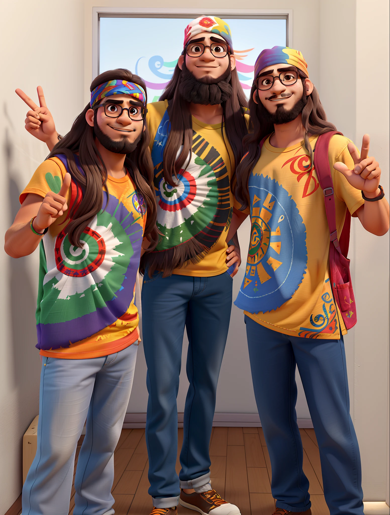 Three hippie hispanic men long hair, tinted eyewear, bandanas on the head, V-fingers, colorful t-shirts, poster, disney pixar style, alta qualidade, melhor qualidade, artistic lighting