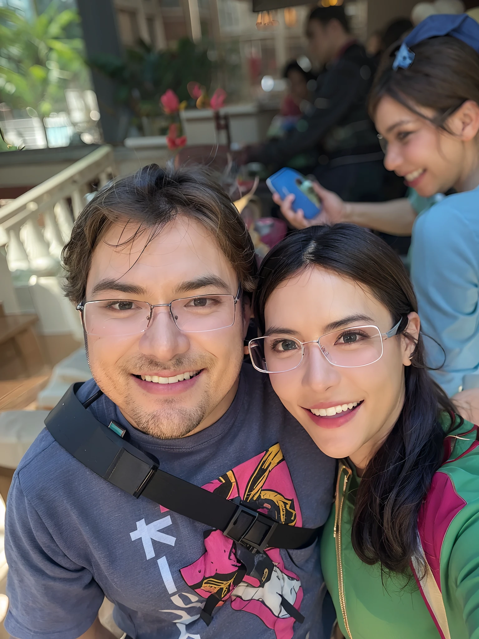 There are two people who are posing for a photo together, Casal feliz, divertindo-se, both smiling for the camera, Fotografia tirada em 2 0 2 0, Directed by: Nandor Soldier, com nerd! glasses! e cavanhaque, In Sao Paulo, imagem do avatar, with nerdy glasses and goatee, muito ligeiramente sorridente, imagem de qualidade muito baixa