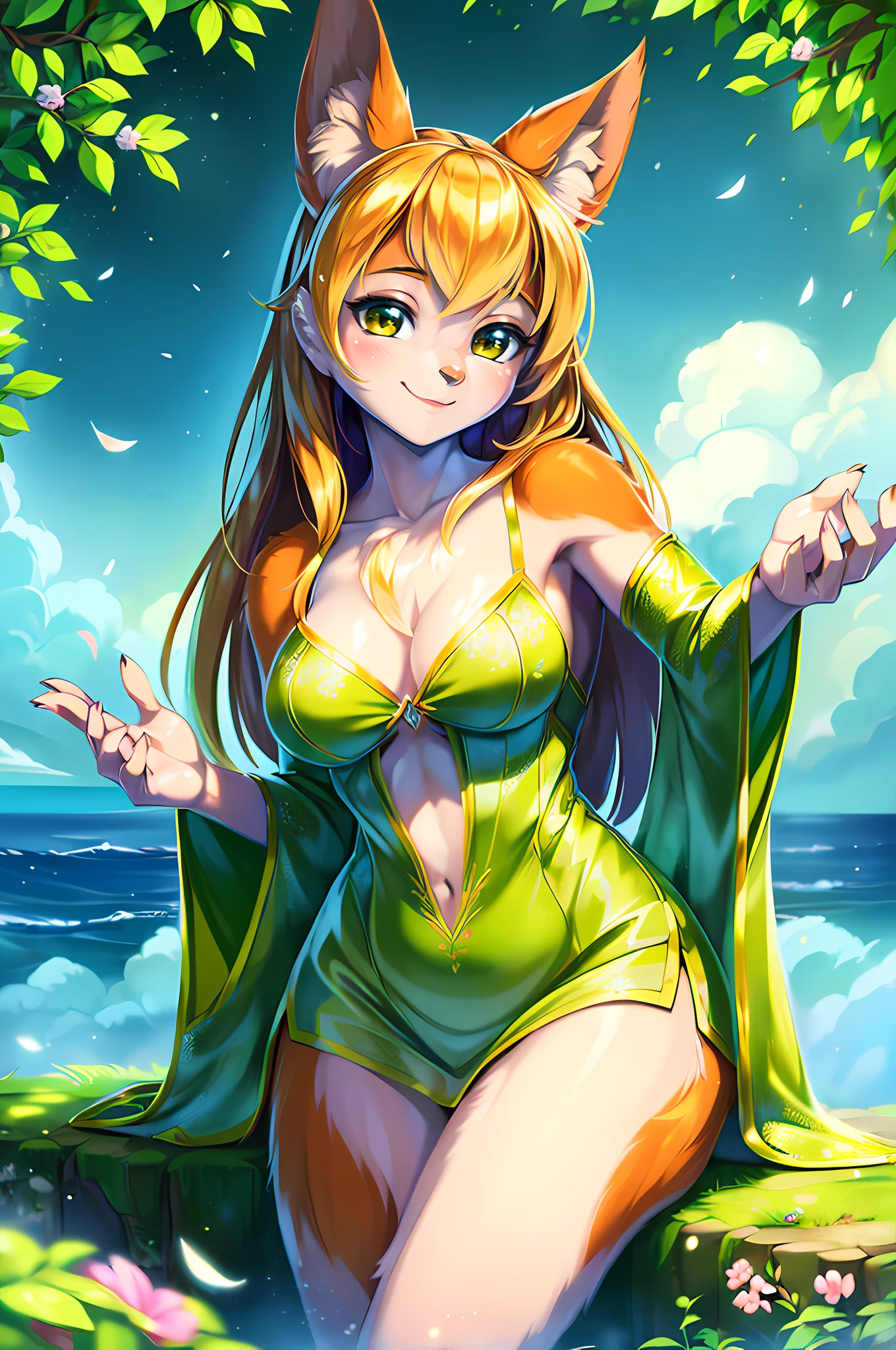 (best quality,4k,ultra-detailed,photorealistic:1.37),furry girl,fox girl,long ears,lively fur,beautiful detailed eyes,detailed face with delicate features,soft expression,flowing hair,ethereal light,whimsical garden,blooming flowers,lush green plants,gentle breeze,dappled sunlight,magical atmosphere,playful shadows,enchanting scenery,vibrant colors,vivid background,artistic rendering,dreamlike environment