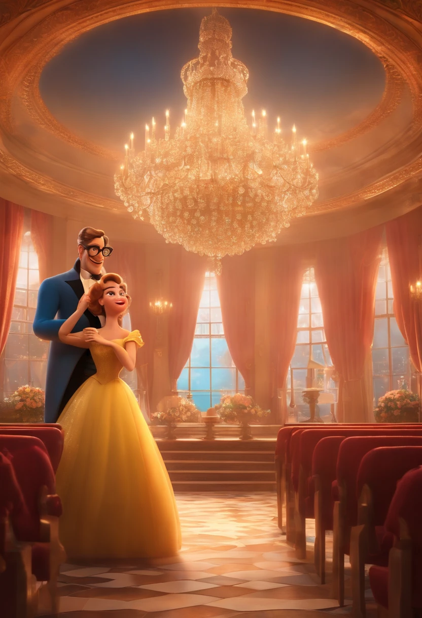 "(best quality,ultra-detalhado,Realistic:1.37),3D rendering,illustration,design de personagens,cabelos curtos e cacheados escuros,belos olhos detalhados,wearing white glasses,Estilo Pixar,morena mulher,Dancing on the Disney stage,atmosfera animada,vivid colors,luzes de palco,expression joyful"