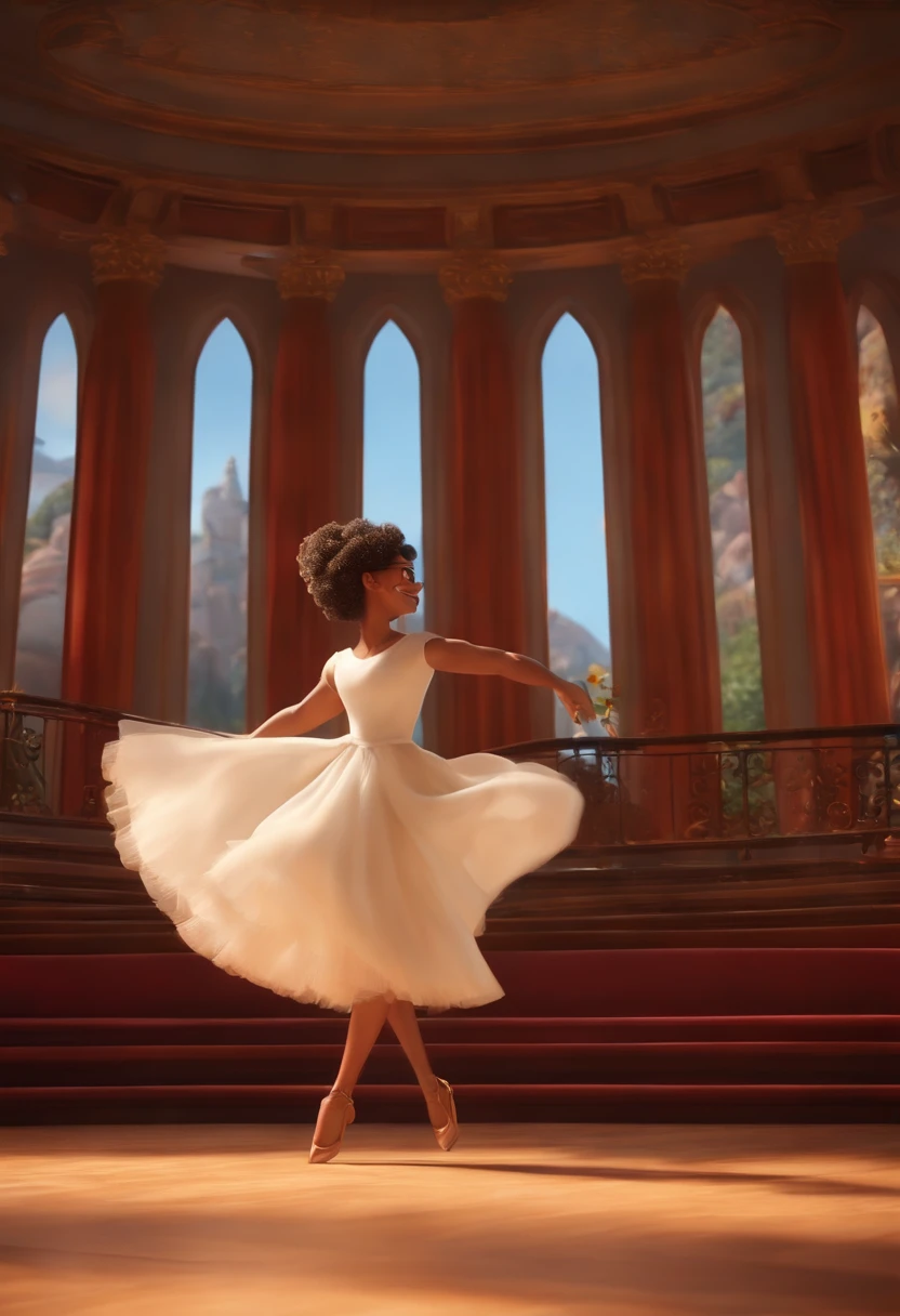 "(best quality,ultra-detalhado,Realistic:1.37),3D rendering,illustration,design de personagens,cabelos curtos e cacheados escuros,belos olhos detalhados,wearing white glasses,Estilo Pixar,morena mulher,Dancing on the Disney stage,atmosfera animada,vivid colors,luzes de palco,expression joyful"