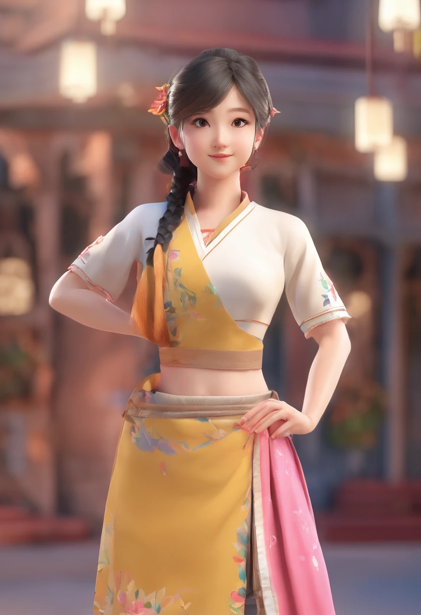 1girl,perna,a girl in the building,(((Building))), Braided bangs,braided ponytail,(sozinho:1.2),avental,coxas grossas,calcinha de gravata lateral, cabelos felpudos, 16 anos,Olhando para o Viewer, sunlight,Hanfu,