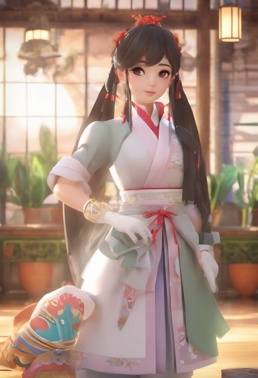1girl,perna,a girl in the building,(((Building))), Braided bangs,braided ponytail,(sozinho:1.2),avental,coxas grossas,calcinha de gravata lateral, cabelos felpudos, ,Olhando para o Viewer, sunlight,Hanfu,