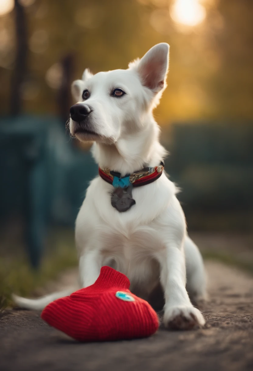 White German spritz dog with a sock in his mouth Disney pixar style