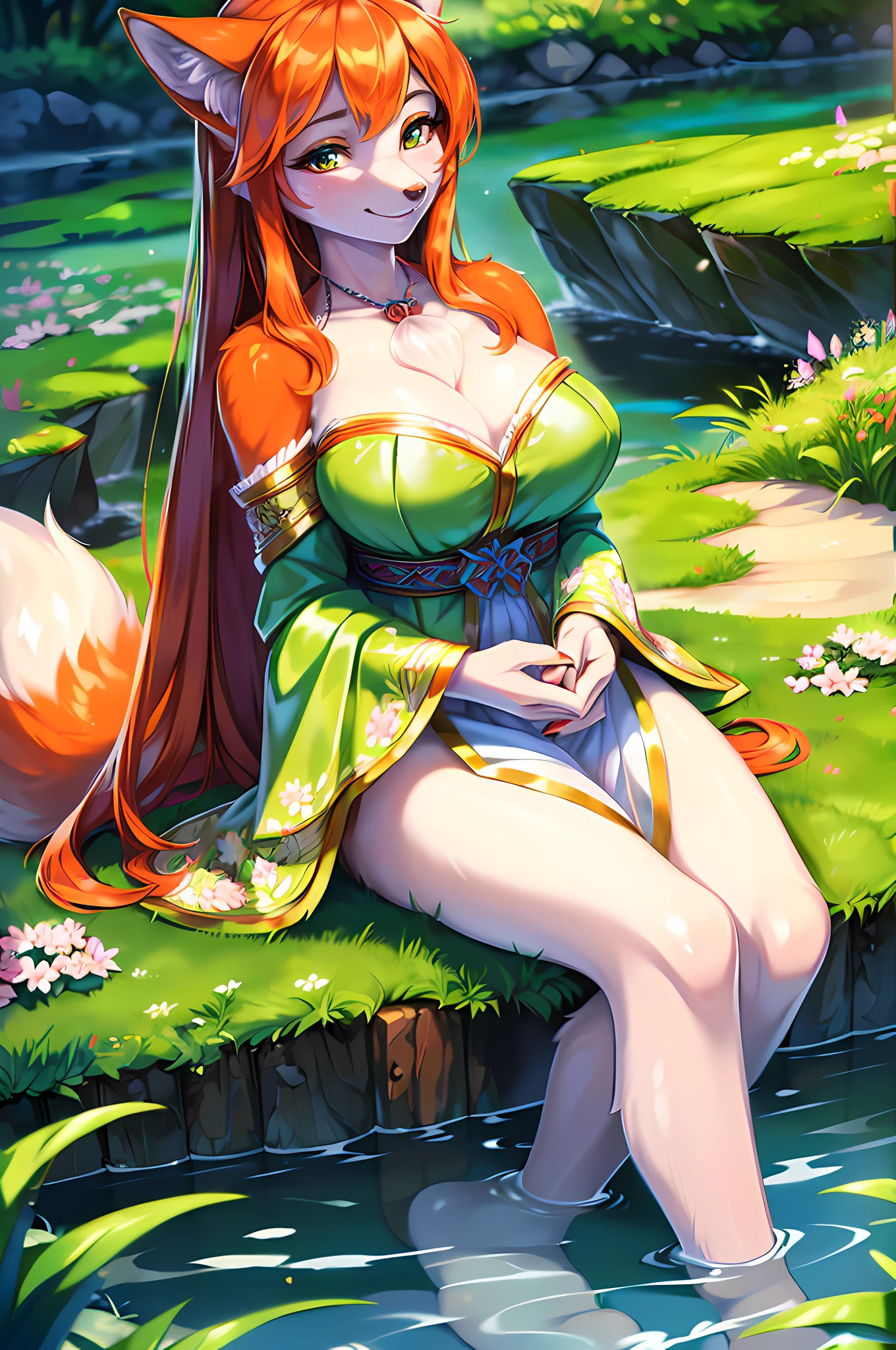 (best quality,4k,ultra-detailed,photorealistic:1.37),furry girl,fox girl,long ears,lively fur,beautiful detailed eyes,detailed face with delicate features,soft expression,flowing hair,ethereal light,whimsical garden,blooming flowers,lush green plants,gentle breeze,dappled sunlight,magical atmosphere,playful shadows,enchanting scenery,vibrant colors,vivid background,artistic rendering,dreamlike environment
