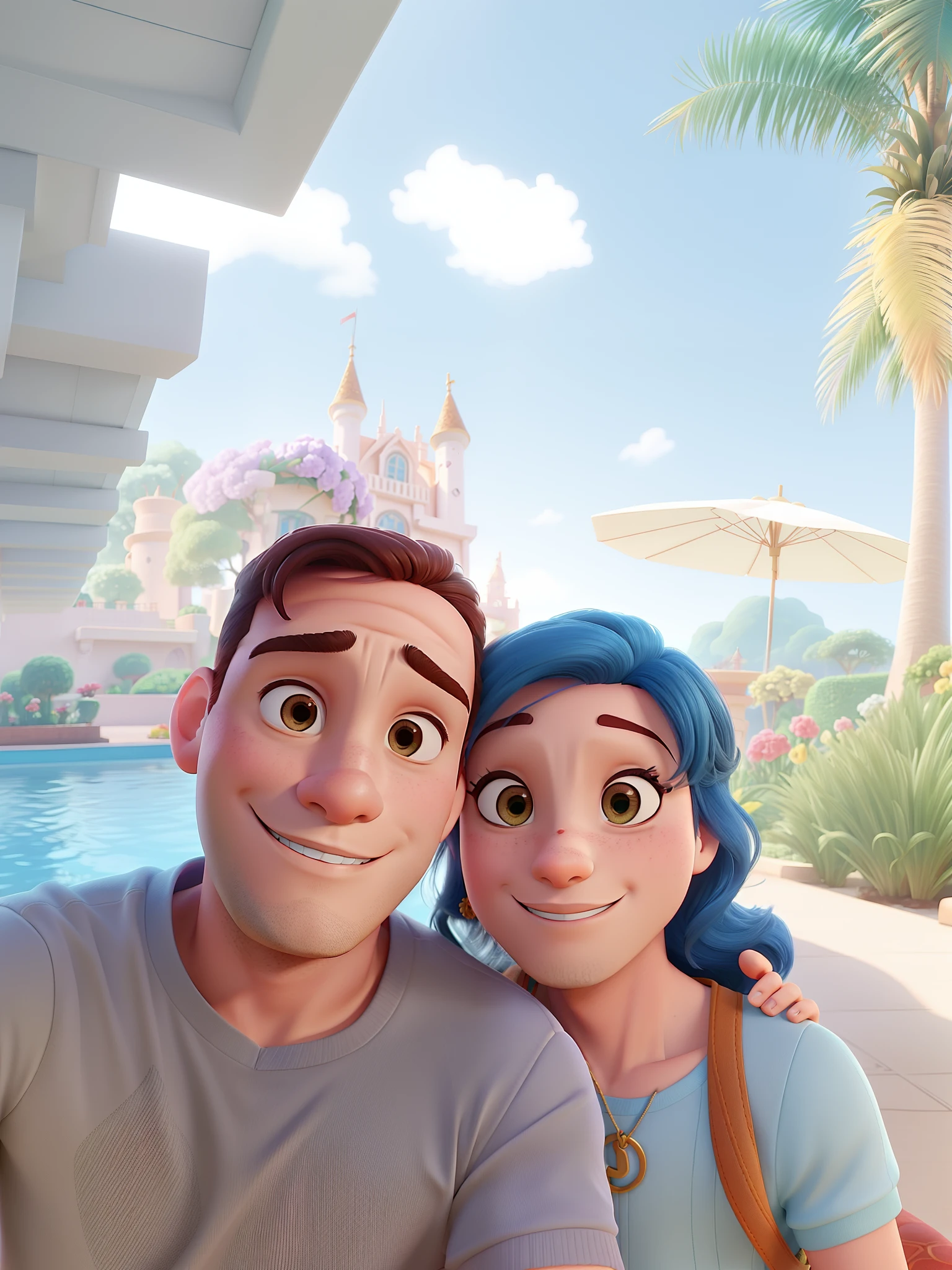 Casal (homem moreno e mulher branca) no estilo Disney Pixar, alta qualidade, melhor qualidade.