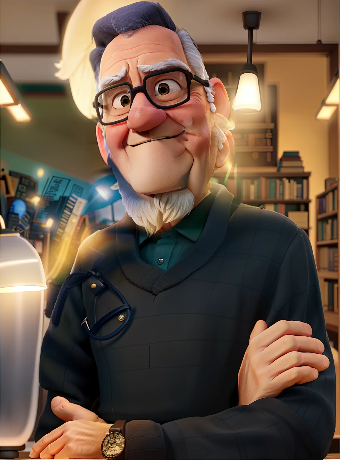 A wise old man standing in front, illuminated by the light of a lamp, against the backdrop of a library