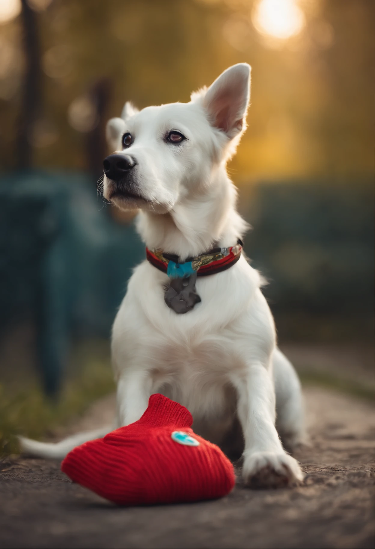 White German spritz dog with a sock in his mouth Disney pixar style