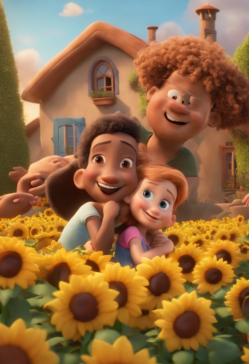 Create a Disney PIXAR-style 3D poster. ((centro da imagem, Triplets)), ((3 children)) ((1 no meio e 2 meninaado, They're hugging each other, O menino tem pstanha e cabelos castanhos escuros e olhos castanhos escuros, 1 menina tem pele cllhos e cabelos escuros e cacheados, e a outra menina tem pele morena, escuros e cabelos escuros e lisos)) ((tudo isso no estilo Disney PIXAR 3D, In the background, A house of sunflowers, Gloria Studio, The garden is full of nature 3D render RTX clay material, estilo de design cartunesco, POP Mart, soft lighting, linhas suaves, Spring tilt, Detailed illustrations of PIXAR 3D, Detalhes hiper-realistas, cor quente no estilo Disney PIXAR 3D))