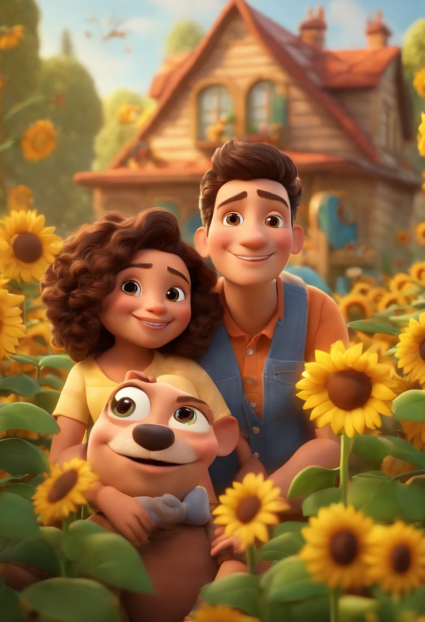 Create a Disney PIXAR-style 3D poster. ((centro da imagem, Triplets)), ((3 children)) ((1 menino no meio e 2 meninas ao lado, They're hugging each other, O menino tem pele castanha e cabelos castanhos escuros e olhos castanhos escuros, 1 menina tem pele clara, olhos e cabelos escuros e cacheados, e a outra menina tem pele morena, olhos escuros e cabelos escuros e lisos)) ((tudo isso no estilo Disney PIXAR 3D, In the background, A house of sunflowers, Gloria Studio, The garden is full of nature 3D render RTX clay material, estilo de design cartunesco, POP Mart, soft lighting, linhas suaves, Spring tilt, Detailed illustrations of PIXAR 3D, Detalhes hiper-realistas, cor quente no estilo Disney PIXAR 3D))