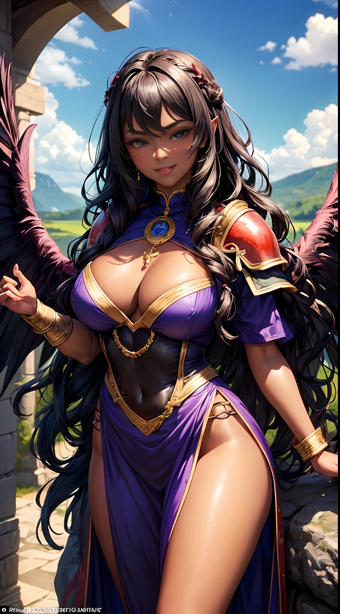 (masterpiece), (3d realistic), ((beautiful young Caucasian 30 year old woman)) with (dark skin) and ((black wavy hair)), looks at the camera with a ((pretty purple lipped smile)), ((her body is shown full)) and is covered by (((red medieval armor))) , the woman has ((black bird wings wrapped in flames)), ((her pose is victorious and sexy)), ((it is daytime)), (((the background shows an idyllic Scandinavian style landscape)))