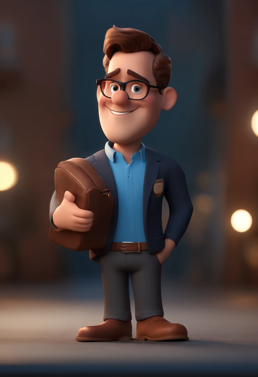 Cartoon character of a man with black glasses and a blue shirt, animation character, Caractere estilizado, animation style rendering, 3D estilizado, Arnold Maya render, 3 d render stylized, toon render keyshot, Personagem 3D, Personagem 3D, 3d rendering stylized, 3 d character render, personagem de desenho animado, Personagem de close up, Pose de personagem, (Estilo Pixar) (master part:1.2) (Bokeh) (best quality) (pele detalhada) (textura detalhada) (8k) (argila) (Cinematic lighting) (foco nítido