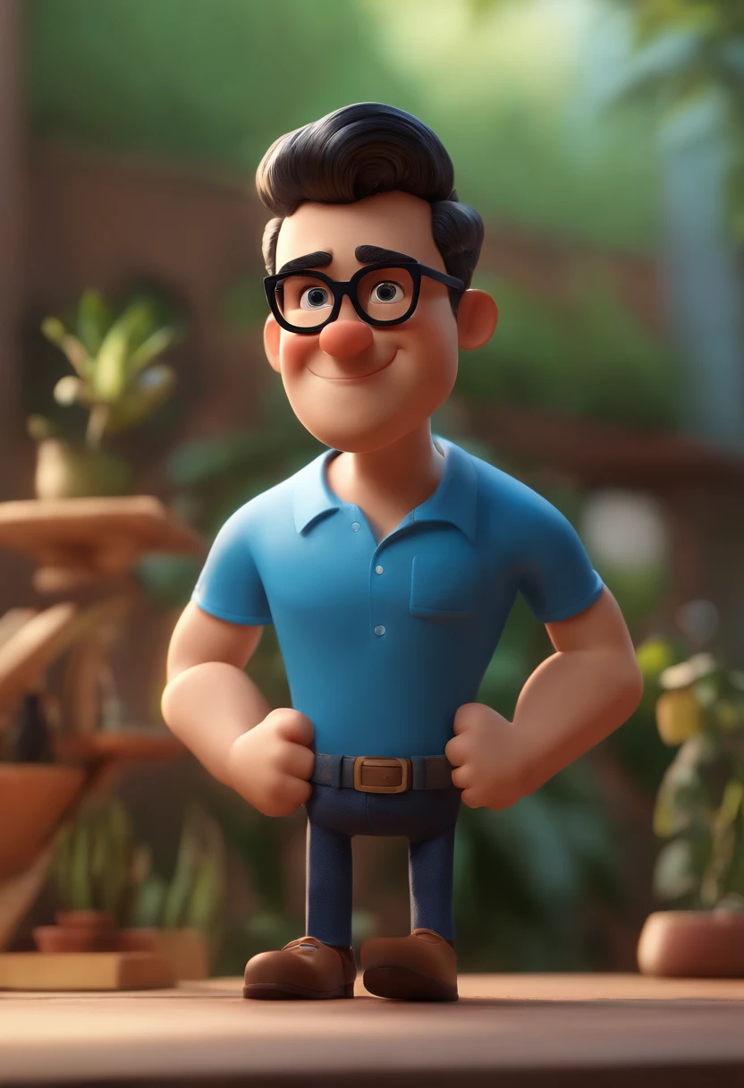 Cartoon character of a man wearing black glasses and a blue shirt, um personagem animado, Caractere estilizado, animation style rendering, 3D estilizado, Arnold Maya render, 3 d render stylized, toon render keyshot, Personagem 3D, Personagem 3D, 3d rendering stylized, 3 d character render, personagem de desenho animado, Personagem de close up, Pose de personagem, (Estilo Pixar) (master part:1.2) (Bokeh) (best quality) (pele detalhada) (textura detalhada) (8k) (argila) (Cinematic lighting) (foco nítido,Senta e vaza a parte superior do corpo