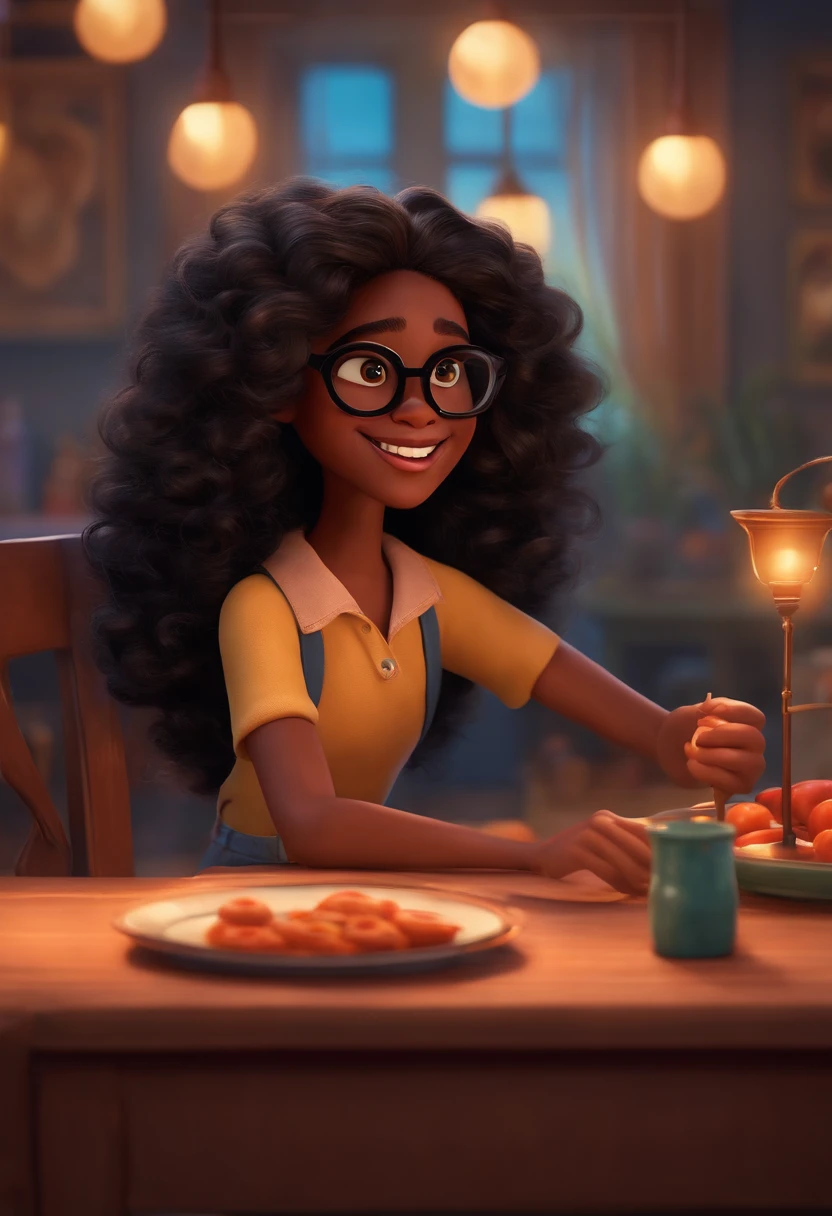 Um filme inspirado na Disney Pixar (YOUNG BLACK GIRL WITH LONG BLACK CURLY HAIR with vision glasses and round nose and white teeth) dentro A cena estar na arte distinta do estilo PIXAR, descolada e estilosa