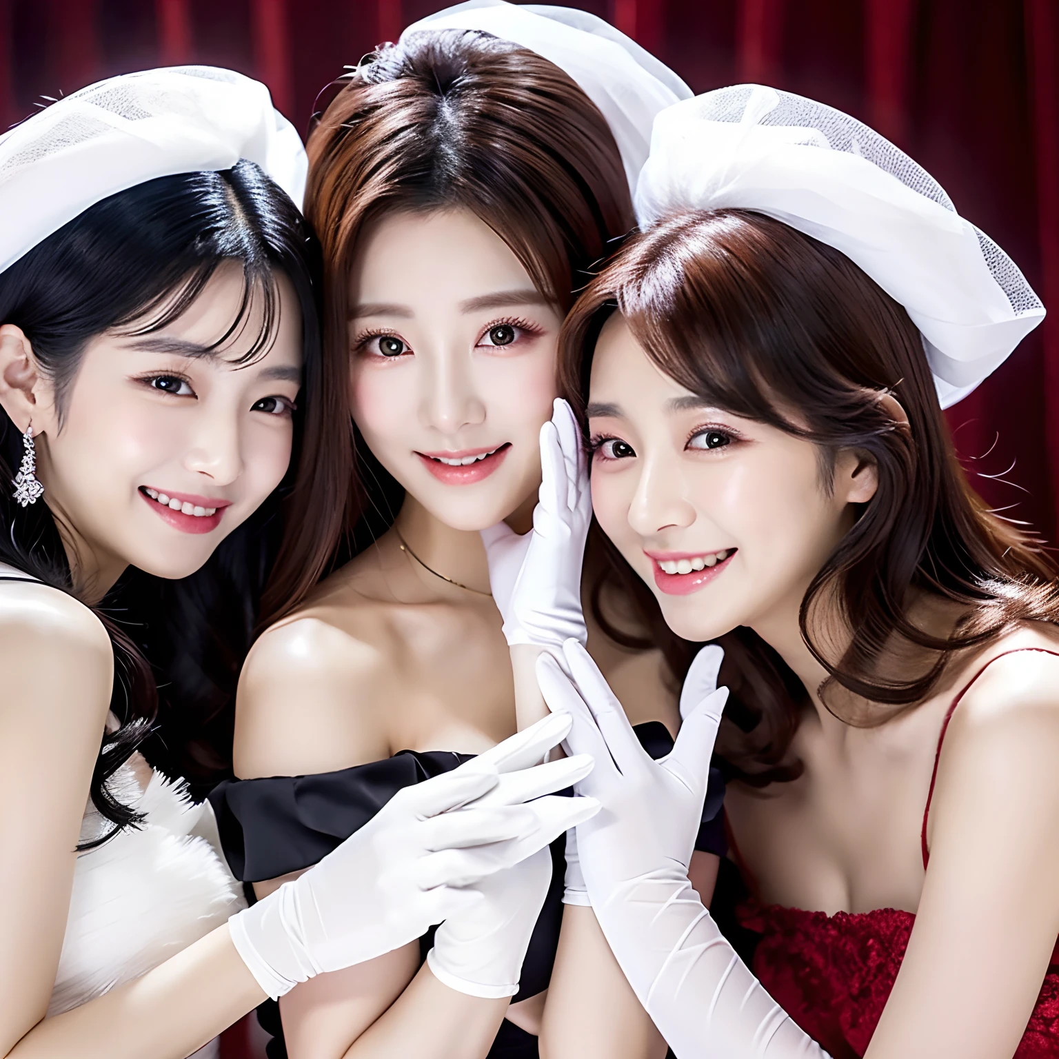 A beautiful three-member Korean female idol 29-year-old wearing white satin gloves shows off her beautiful hands wearing gloves as if they are tickling