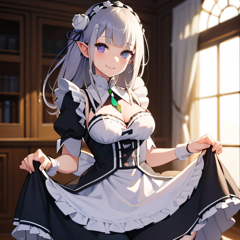 skirt hold, beautiful, masterpiece, best quality, extremely detailed face, perfect lighting, roswaal mansion maid uniform, 1girl, emilia, cleavage, breasts, cowboy shot, purple eyes, smile