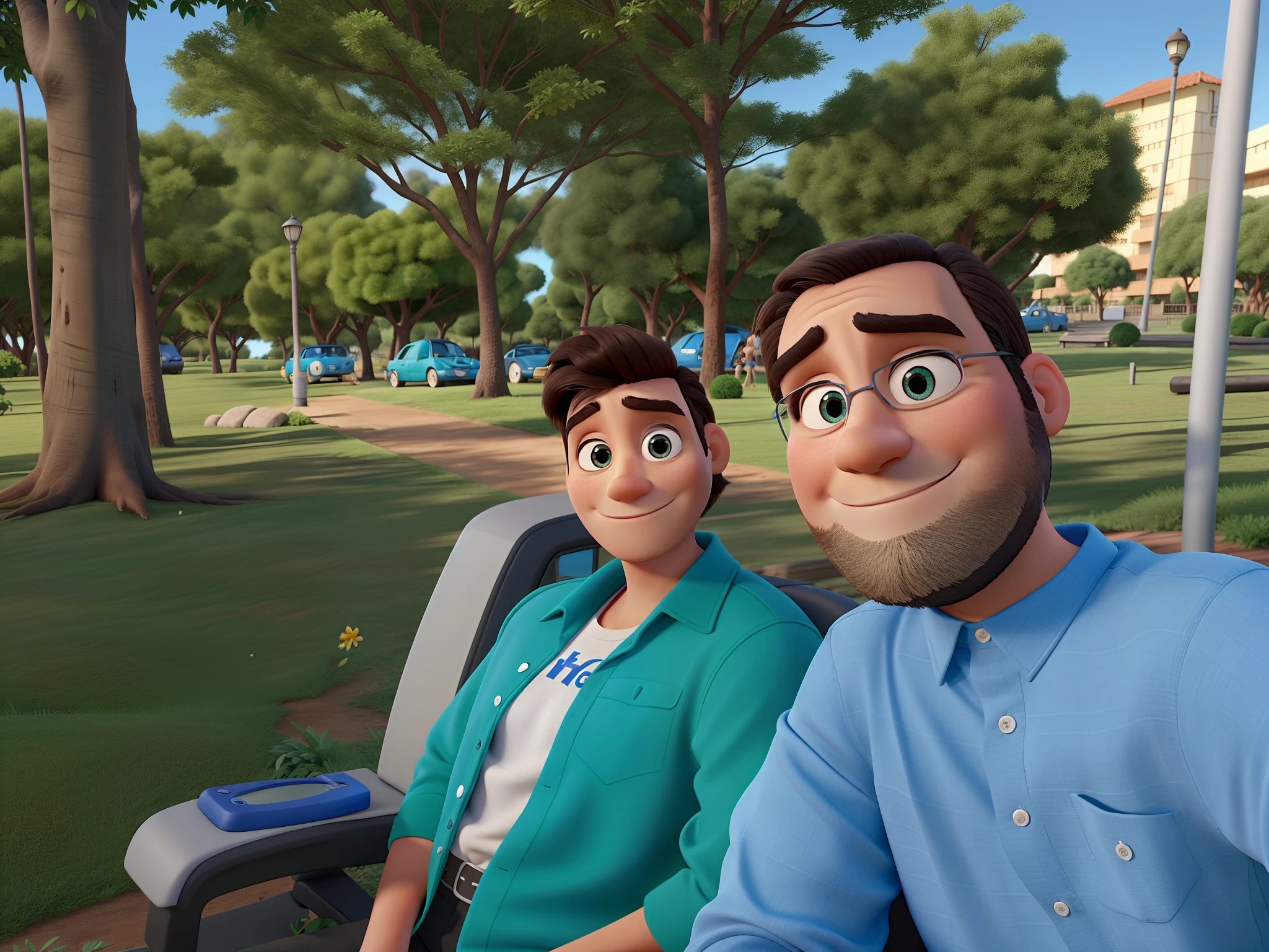 Estilo Pixar, alta qualidade, sentado banco, tree around