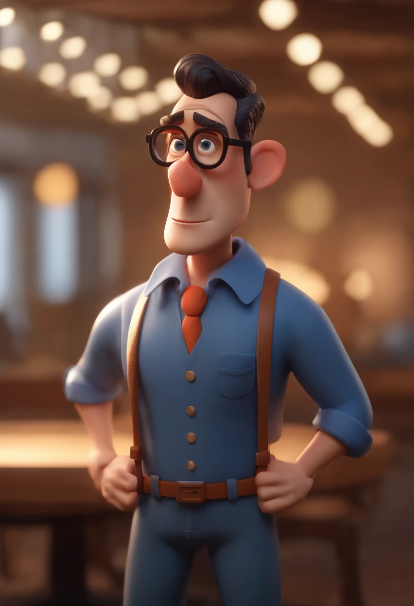 Cartoon character of a man wearing black glasses and a blue shirt, um personagem animado, Caractere estilizado, animation style rendering, 3D estilizado, Arnold Maya render, 3 d render stylized, toon render keyshot, Personagem 3D, Personagem 3D, 3d rendering stylized, 3 d character render, personagem de desenho animado, Personagem de close up, Pose de personagem, (Estilo Pixar) (master part:1.2) (Bokeh) (best quality) (pele detalhada) (textura detalhada) (8k) (argila) (Cinematic lighting) (foco nítido,Senta e vaza a parte superior do corpo