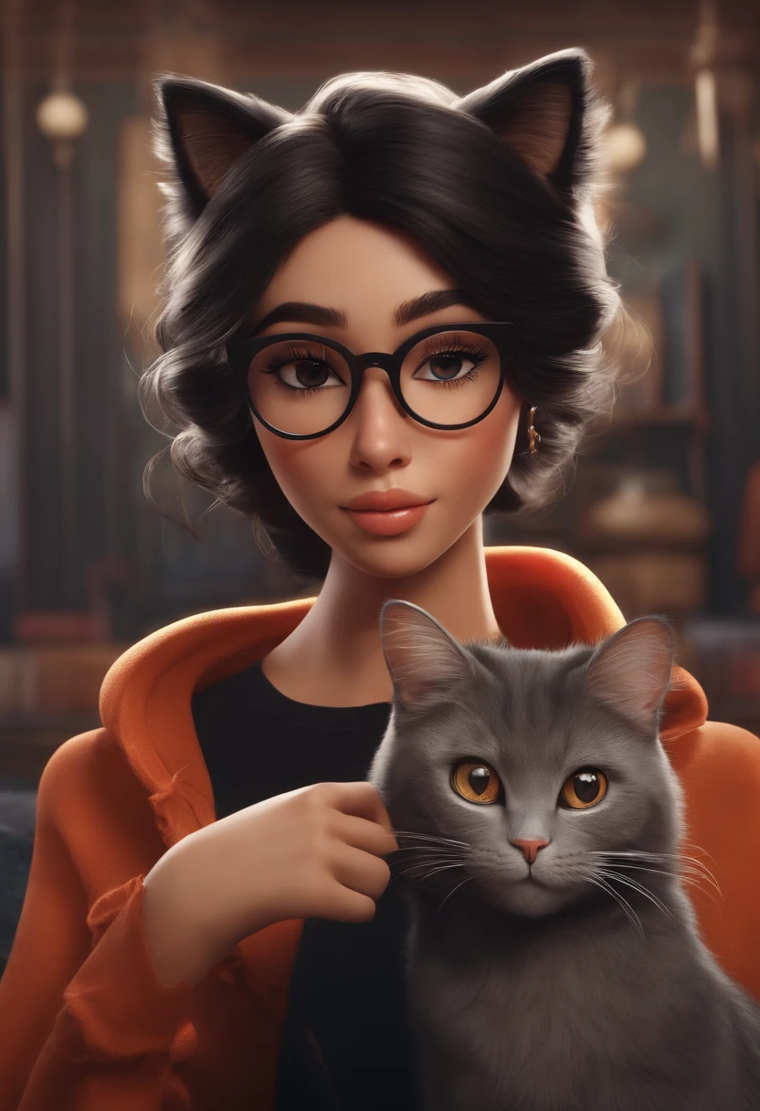 Mulher oriental com cabelo preto estilo desenho animado, Pixar, wearing round glasses, segurando um gato cinza, de jaleco branco ,