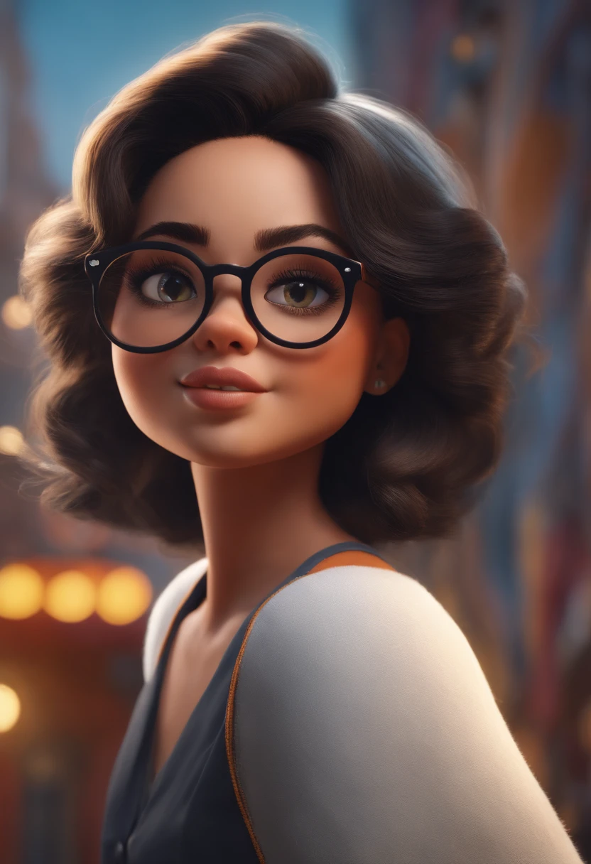 Mulher oriental com cabelo preto estilo desenho animado, Pixar, wearing round glasses, segurando um gato cinza, de jaleco branco ,