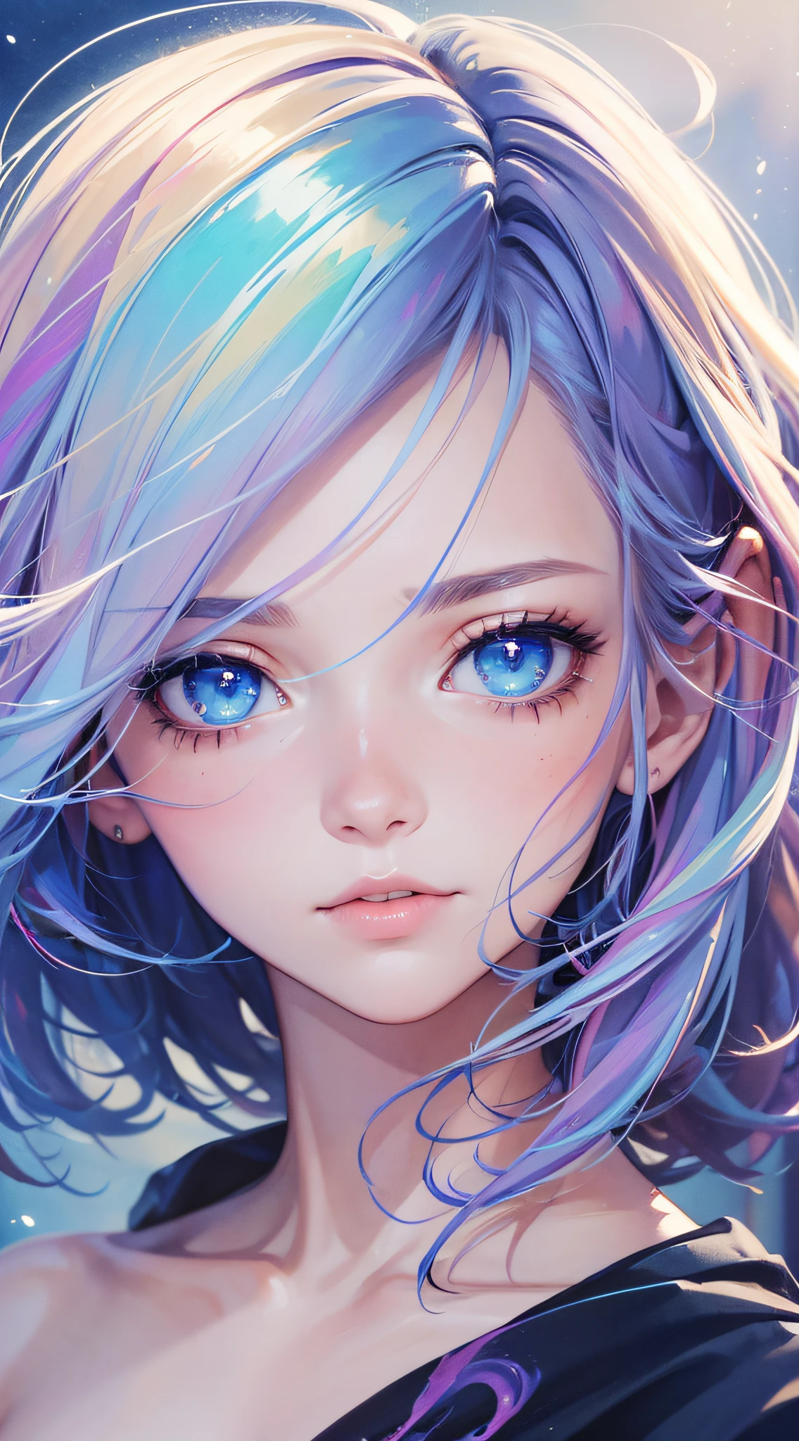 A woman with blue eyes and a purple hair is staring at the camera ...