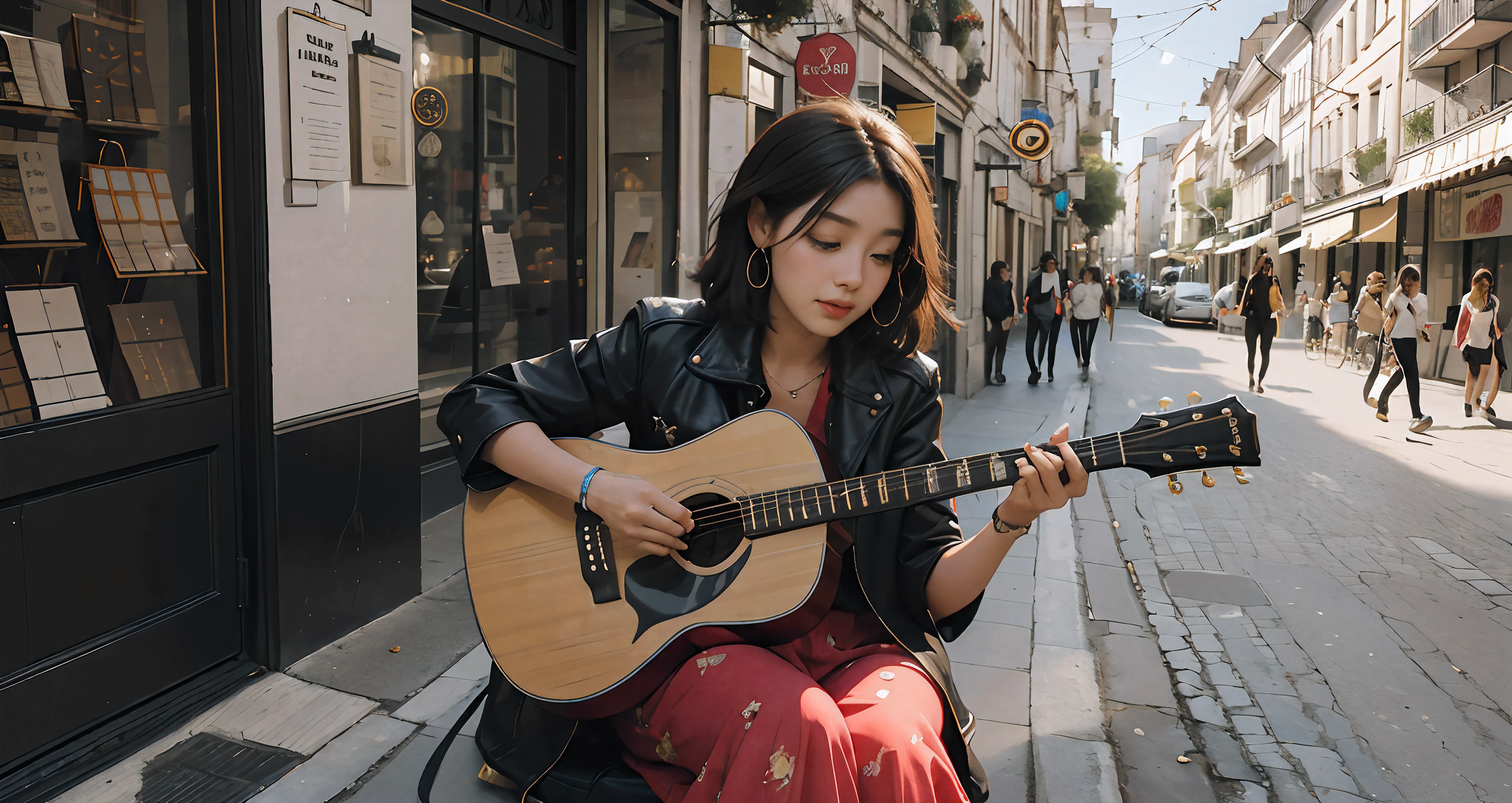 A woman playing guitar in a city, cercado de turistas, Receber moedas.
TAGS: Woman, playing the guitar, cidade, Turistas, Receber moedas, music, Artista de rua, atmosfera animada, ruas movimentadas, cores vibrantes, arte de rua, cultural experience