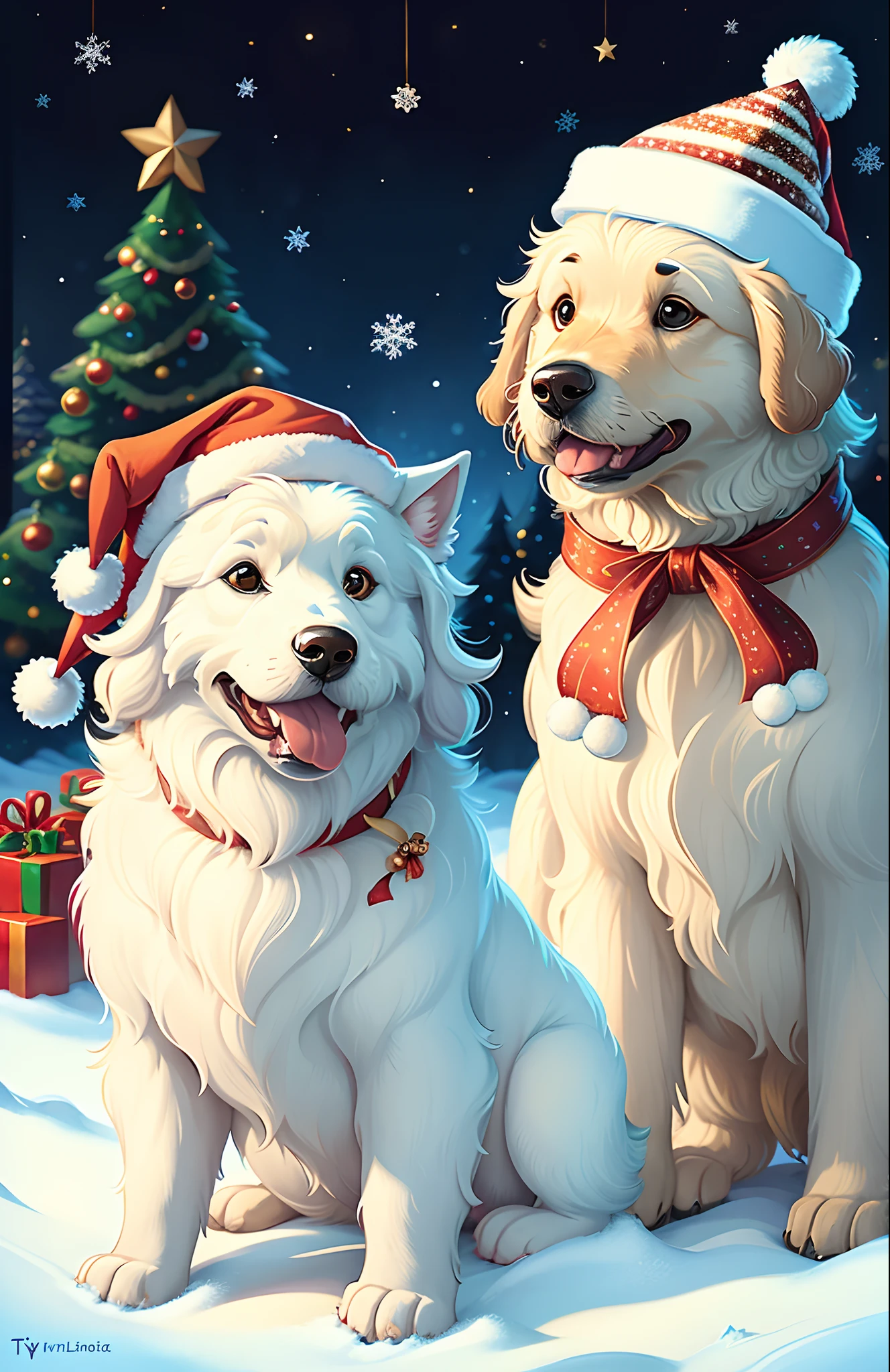 a Disney Pixar 2000's style cartoon , with no words or letters on image. A thin Samoyed dog wearing an long Christmas hat, his name tay says Dallas. And a  cream colored goldendoodle dog wearing a striped Christmas hat. They are in a place like whoville