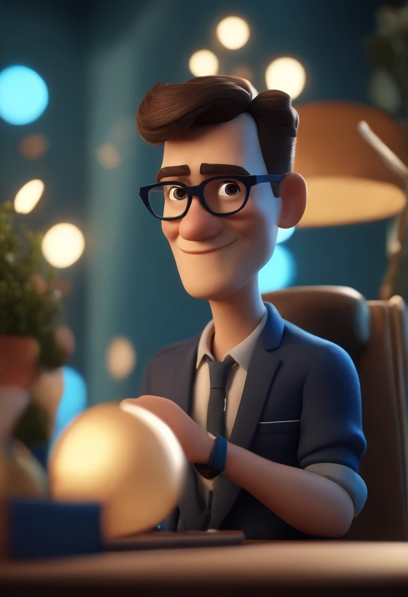 Cartoon character of a man wearing black glasses and a blue shirt, um personagem animado, Caractere estilizado, animation style rendering, 3D estilizado, Arnold Maya render, 3 d render stylized, toon render keyshot, Personagem 3D, Personagem 3D, 3d rendering stylized, 3 d character render, personagem de desenho animado, Personagem de close up, Pose de personagem, (Estilo Pixar) (master part:1.2) (Bokeh) (best quality) (pele detalhada) (textura detalhada) (8k) (argila) (Cinematic lighting) (foco nítido，Senta e vaza a parte superior do corpo