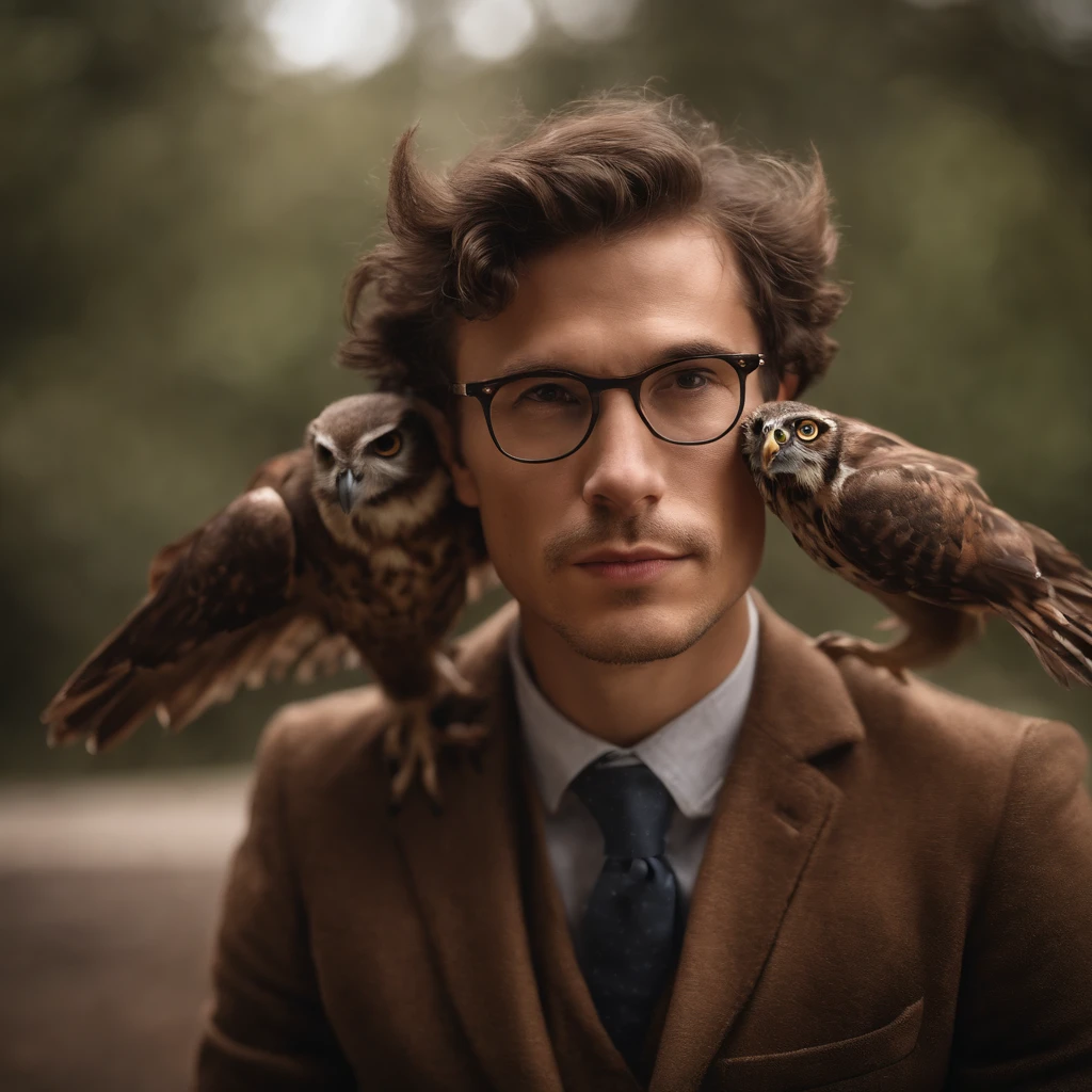 Brown haired man wearing glasses and a suit with brown owl like wings