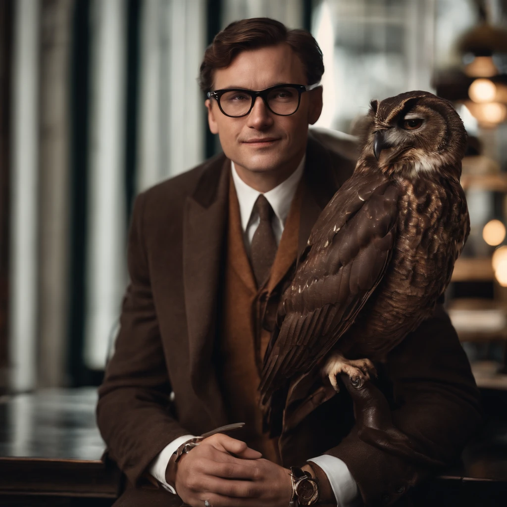 Brown haired man wearing glasses and a suit with brown owl like wings