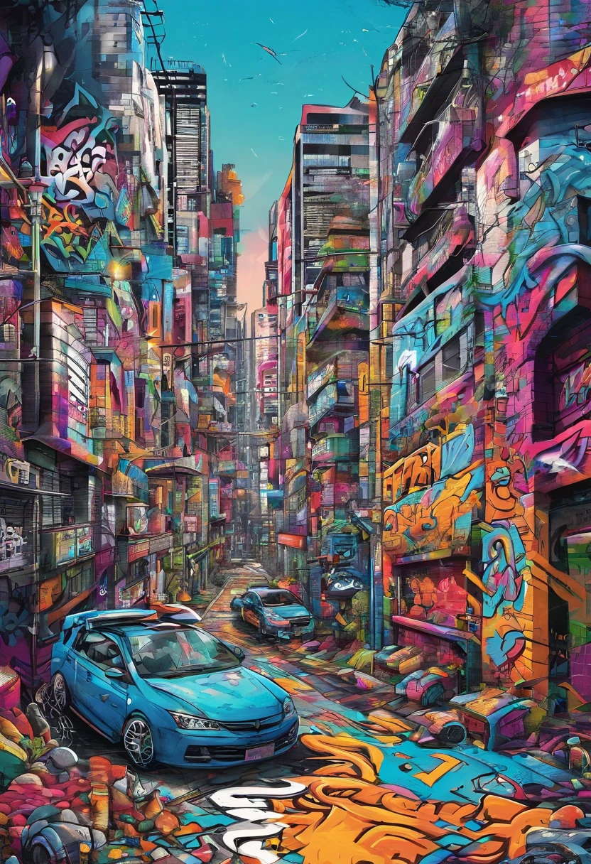 Prompt: Graffiti, The Monster, The whole picture, hight resolution、highly contrast futuristic cities Osaka