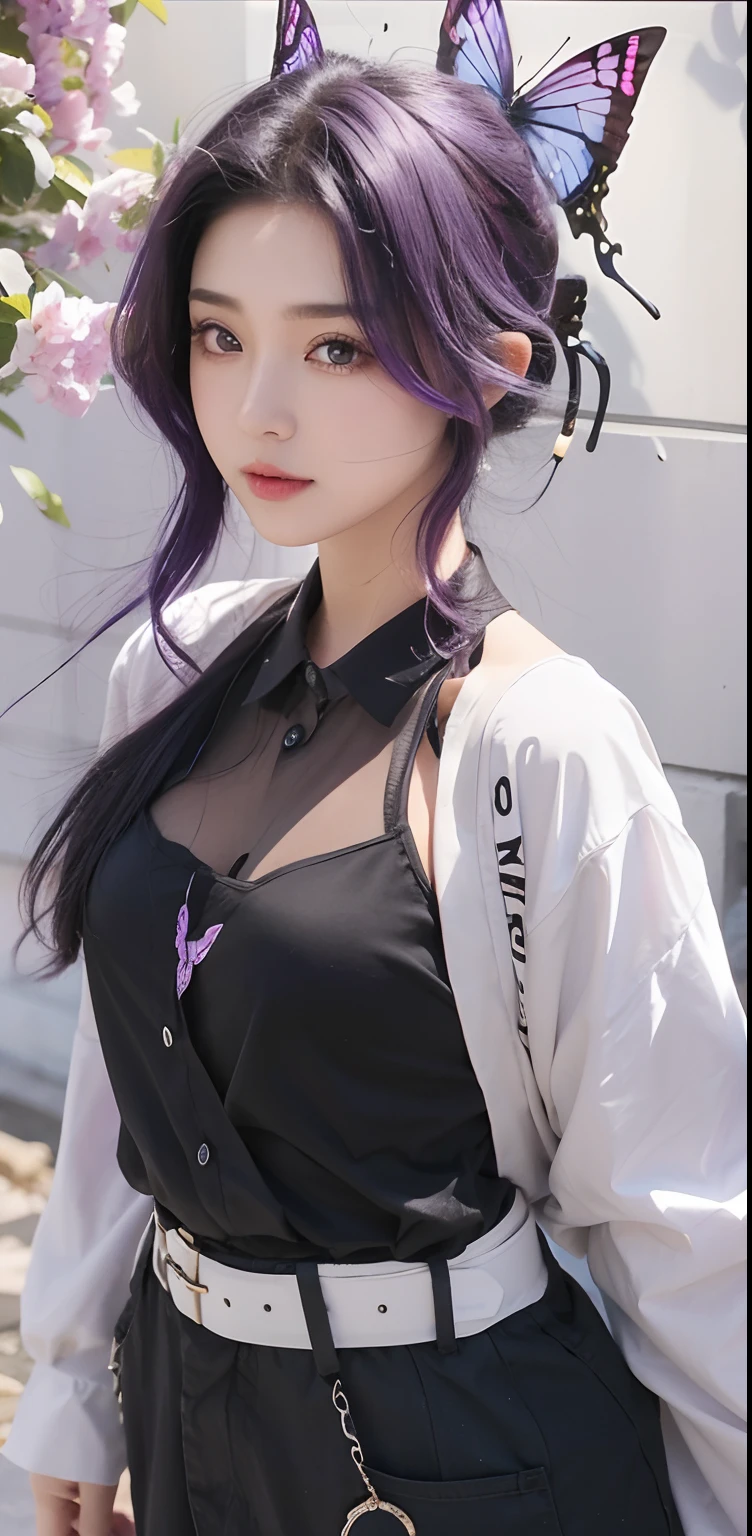 A girl with realistic black and purple hair, realistic curled hair style, realistic butterfly clip, realistic Korean beautiful face, realistic cool expression,Realistic bright purple eyes, realistic light, realistic shadows, realistic background adapts exactly the same clothes,