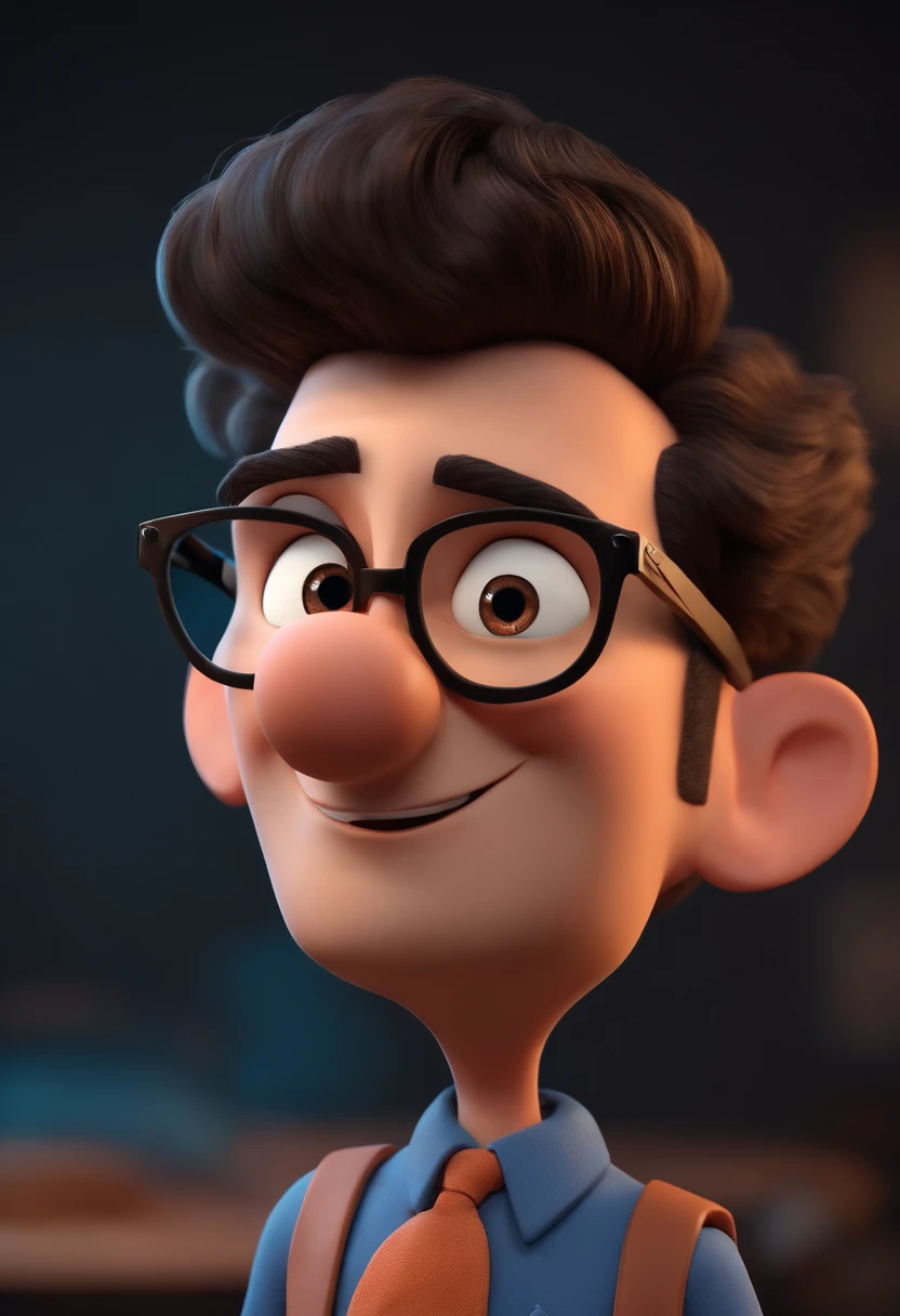 Cartoon character of a man wearing black glasses and a blue shirt, um personagem animado, Caractere estilizado, animation style rendering, 3D estilizado, Arnold Maya render, 3 d render stylized, toon render keyshot, Personagem 3D, Personagem 3D, 3d rendering stylized, 3 d character render, personagem de desenho animado, Personagem de close up, Pose de personagem, (Estilo Pixar) (master part:1.2) (Bokeh) (best quality) (pele detalhada) (textura detalhada) (8k) (argila) (Cinematic lighting) (foco nítido,Senta e vaza a parte superior do corpo