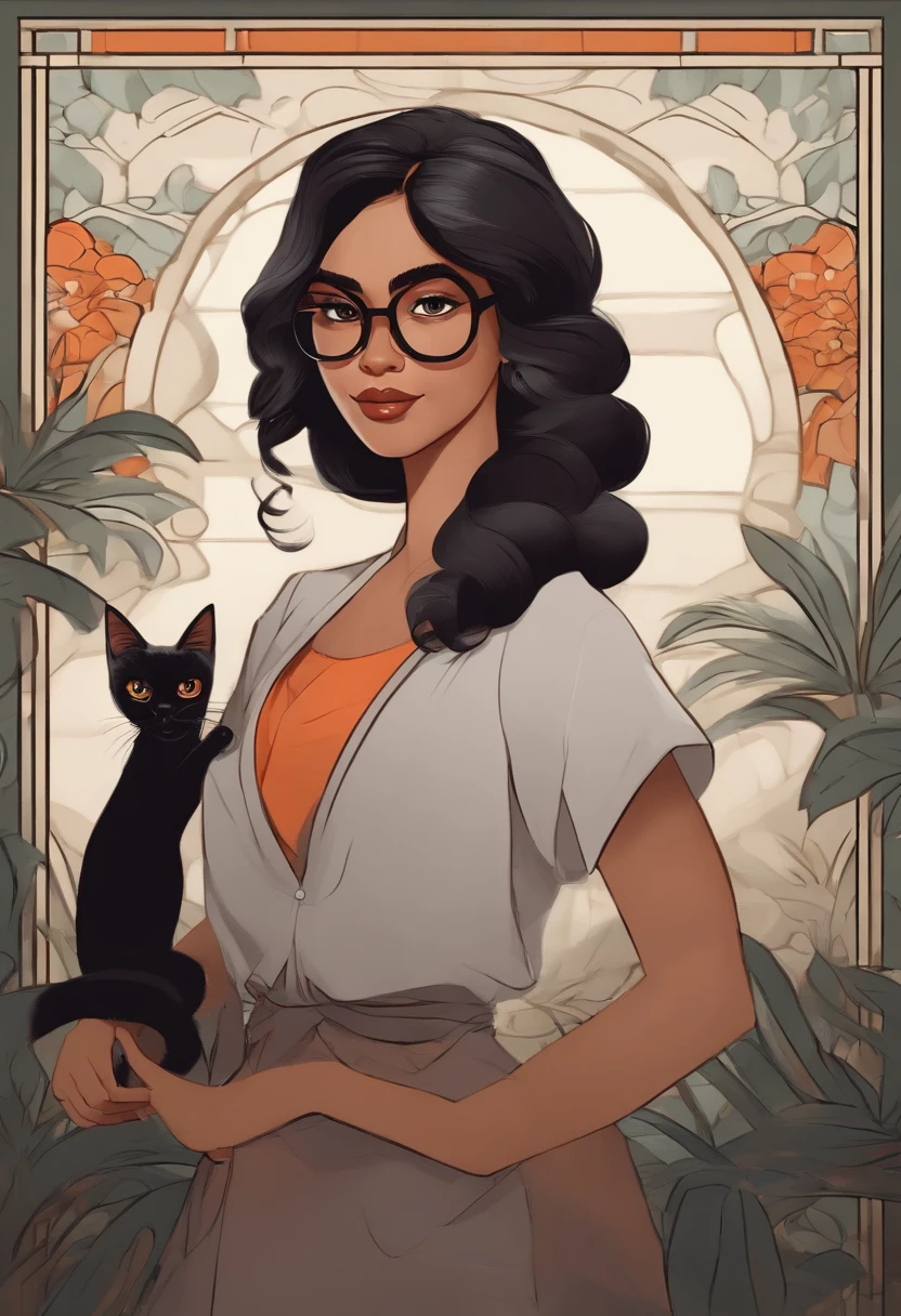 Mulher oriental com cabelo preto liso estilo desenho animado, Pixar, wearing round glasses, segurando um gato cinza, de jaleco branco ,