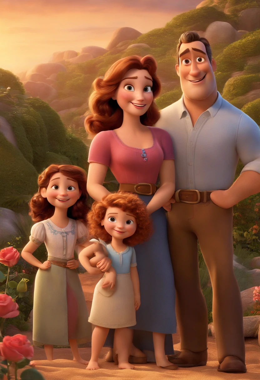a Disney Pixar movie poster showing a white-skinned family. The father is the tallest, Tem barba curta, loiro, cabelos curtos e espinhosos. The mother has brown eyes and hair, shoulder-length and is slightly overweight. A menina tem 4 anos e cabelos castanhos, roupa rosa e rabos de cavalo. The background is a beach garden. 3D-rendering