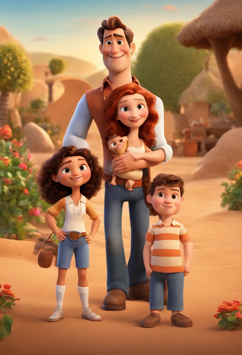 a Disney Pixar movie poster showing a white-skinned family. The father is the tallest, Tem barba curta, loiro, cabelos curtos e espinhosos. The mother has brown eyes and hair, shoulder-length and is slightly overweight. A menina tem 4 anos e cabelos castanhos, roupa rosa e rabos de cavalo. The background is a beach garden. 3D-rendering