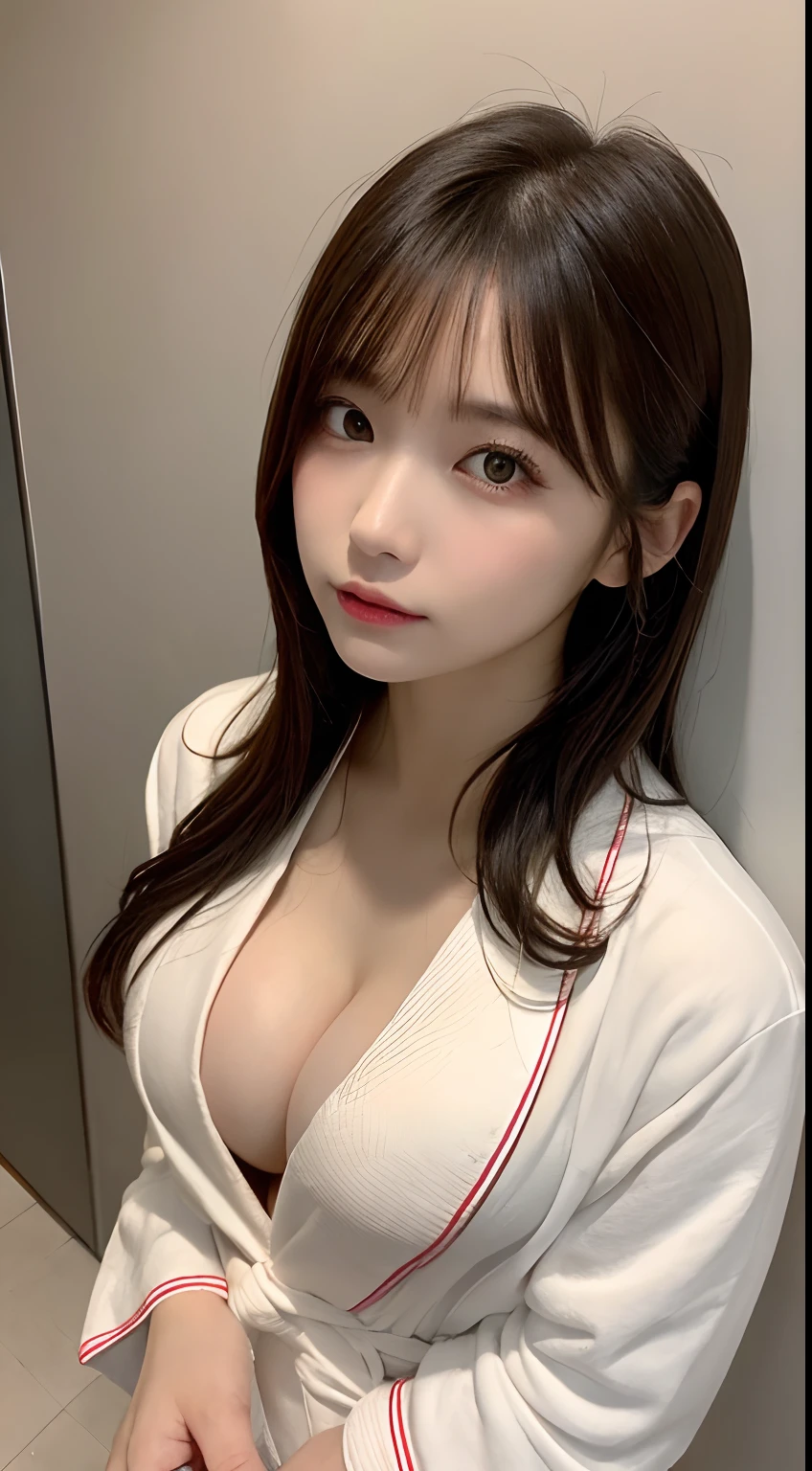 finely detail, hight resolution, hightquality、Perfect dynamic composition, Beautiful detailed eyes, Medium Hair, small tits、Natural Color Lip,Kamimei、Shibuya、20 years girl、1 persons、Transparent skin、Glowing hair、masutepiece, Best Quality, Ultra-detailed, finely detail, hight resolution, 8K、The correct state of the human body、Gravure Model Pose,Photographed with hair fluttering in the wind,The whole body is reflected((Beautiful sunset,A hotel with a beautiful sunset)),((Colossal tits:1.3)),((I can see the cleavage:1.5,Bathrobe with open chest:1.5)),((Sit on the bed with your thighs open,Pinching the chest,Angle looking down from above))
