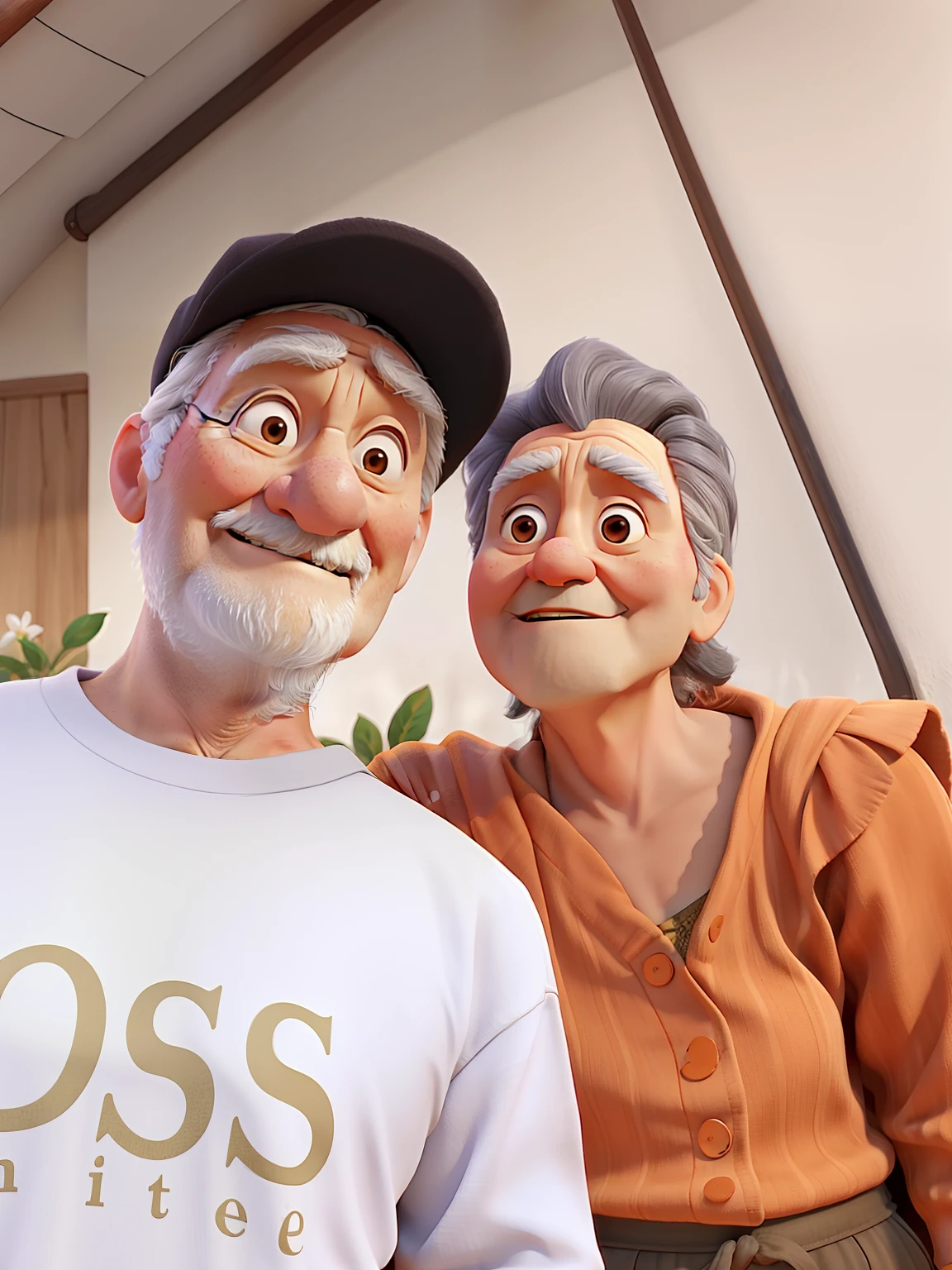 A wise old man standing in front with his wife next to him in a wild nature