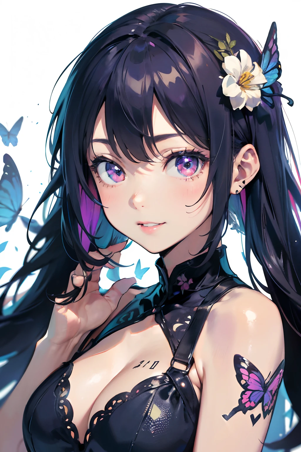 a 20 yo woman、Blackberry Hair、long twintail、Big smile、cleavage of the breast、Thighs at a glance、fishnet tights、Long cheongsam with long purple ankles on open chest、(hi-top fade:1.3)、dark themed、Muted Tones、Subdued Color、highly contrast、(natural skin textures、Hyper-Realism、Soft light、sharp) (masutepiece, of the highest quality, Best Quality, Official art, Beautiful and aesthetic: 1.2), (1girl in: 1.3), Very detailed, (Fractal Art: 1.1), (Color: 1.1) (Flowers: 1.3), (By Yuko Higuchi:1.4), Yuko Higuchi,(posted by Yow:1.2),(linear art),Line drawing,Pen drawing,Zentangle,(Tattoo patterns:1.2),(complex lines),(masutepiece),(Best Quality:1.1), (Ultra-detailed),Best Illustration,finely detail,hand-drawn high quality,High contrast,(Clean lines:1.3),ligne claire,(Portrait),(very closeup:1.1),1 girl,Solo,The girl is wrapped in snow,(Intricate details:1.3),(Detailed background:1.2),(coloured background:1.1),sketch,Intricate details,High resolution,a moon,Butterfly and flower tattoos all over his upper body,