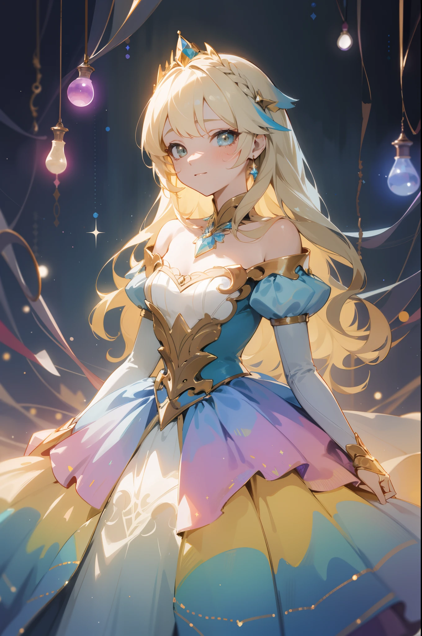 beautiful anime girl, princess, colorful fantasy princess layered ballgown, colorful rainbow layered ballgown dress, fantasia background, muted pastel colors, (masterpiece), best quality, sharp focus, intricate details, highly detailed, detailed dress design, sharp focus, high resolution, 8k resolution, beautiful face, golden ratio, perfection, perfect composition, sparkling eyes, highly detailed eyes, perfect face, beautiful, sparkling lights, dark background, cinematic lighting, long wavy blonde hair
