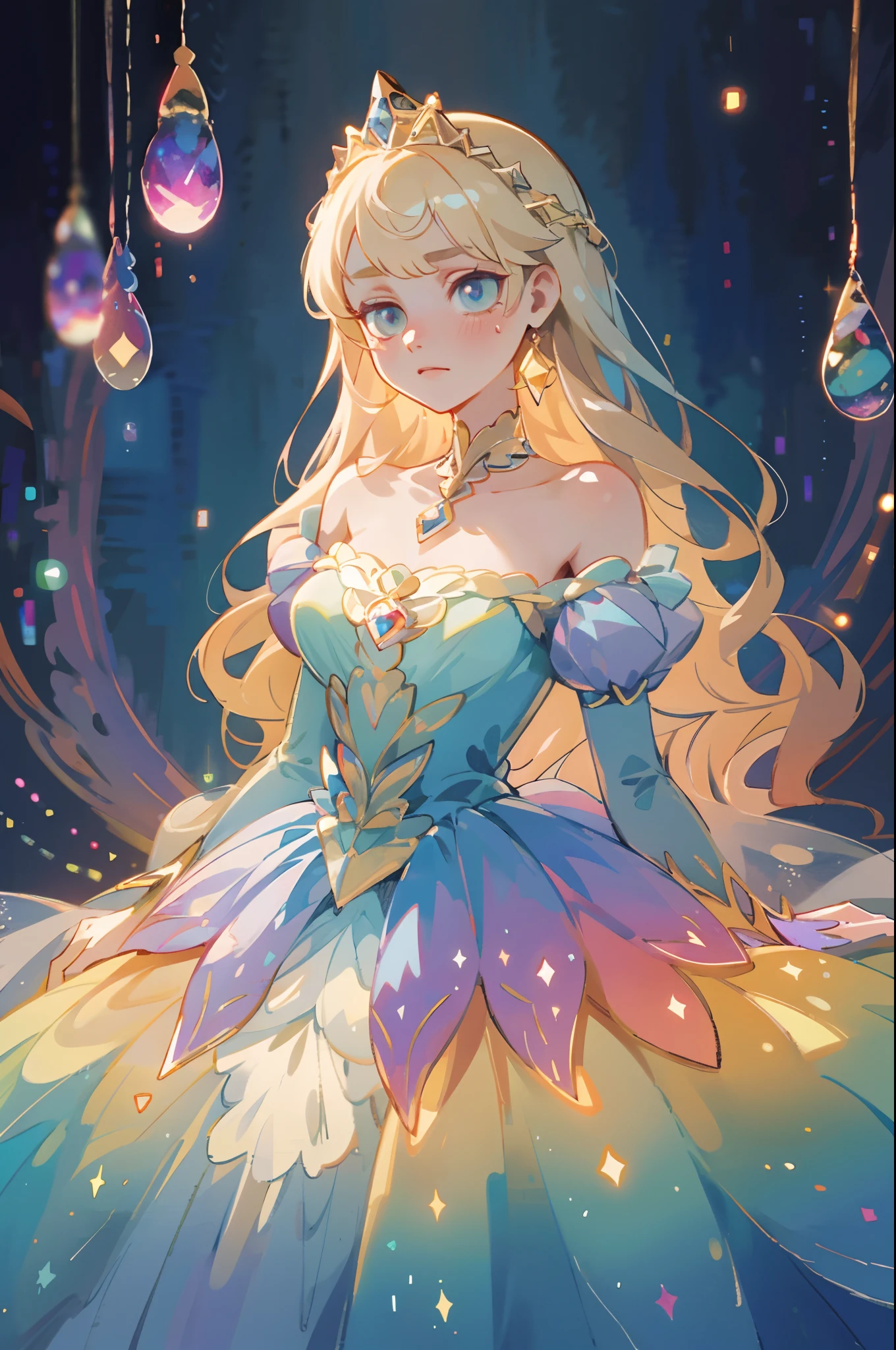 beautiful anime girl, princess, colorful fantasy princess layered ballgown, colorful rainbow layered ballgown dress, fantasia background, soft pastel colors, (masterpiece), best quality, sharp focus, intricate details, highly detailed, detailed dress design, sharp focus, high resolution, 8k resolution, beautiful face, golden ratio, perfection, perfect composition, sparkling eyes, highly detailed eyes, perfect face, beautiful, sparkling lights, dark background, cinematic lighting, long wavy blonde hair