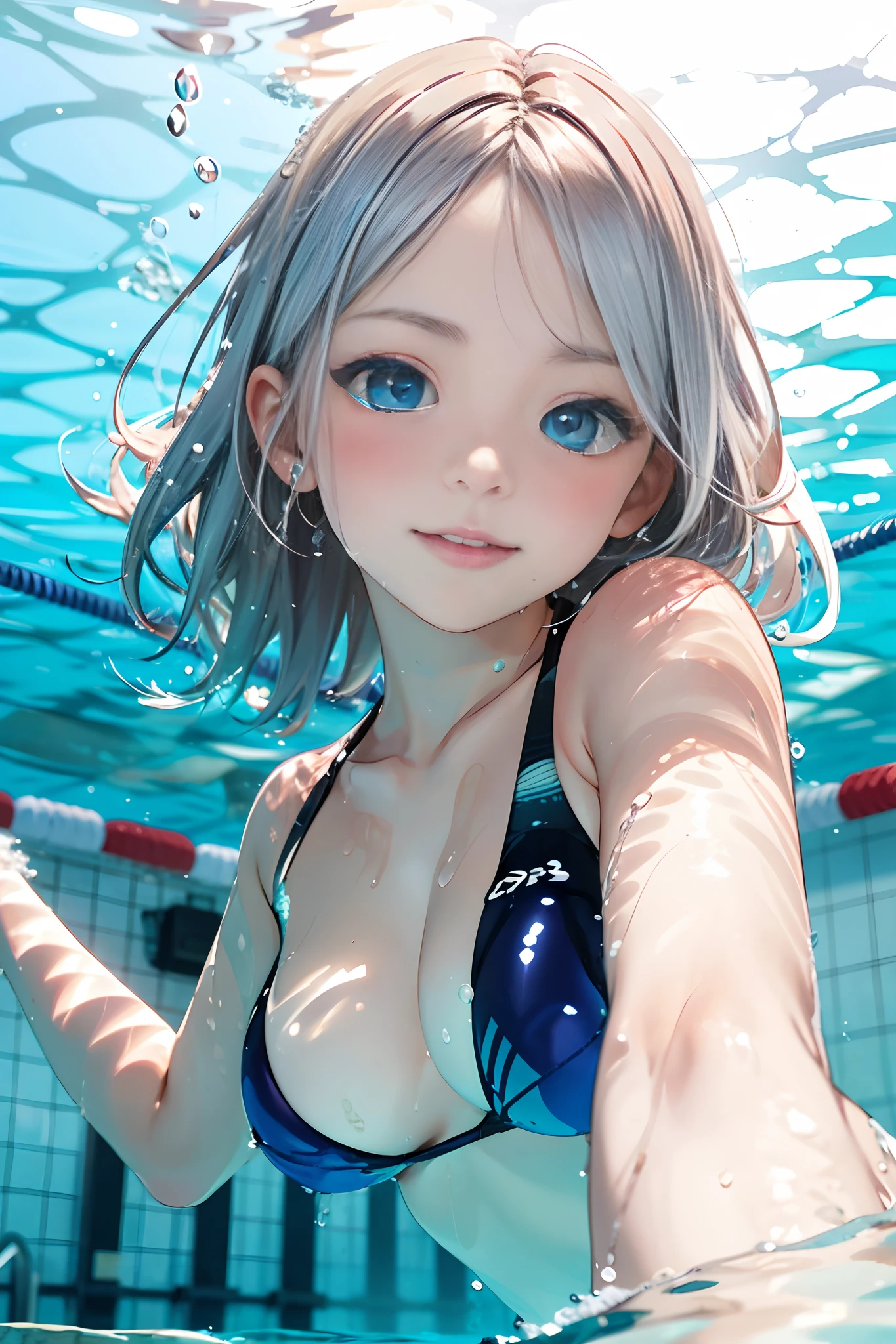 NSFW,(masterpiece),(face focus:1.2),(from below),(Girl swimming deep underwater in the pool:1.5),(light blue competitive bikini),(small breasts),glistening skin,detailed brown eyes,topless,
BREAK
(silver hair),beautiful detailed eyes,aqua eyes,15 years old,long hair,smile,