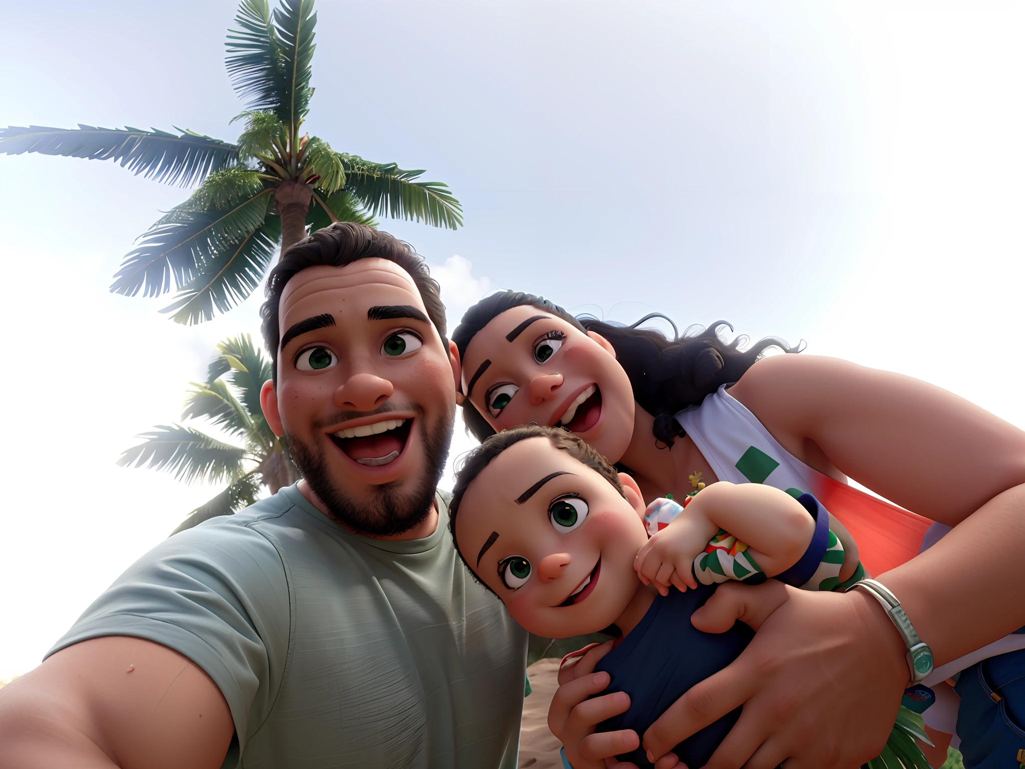 There are two people taking a selfie with a , palmeiras no fundo, vacation photo, Happy family, divertindo-se, com palmeiras nas costas, Selvas ao fundo, happily smiling at the camera, Family photo, marido esposa e filho, em uma praia tropical, Fotografia selfie 8k, 3 5 year brazilian mother