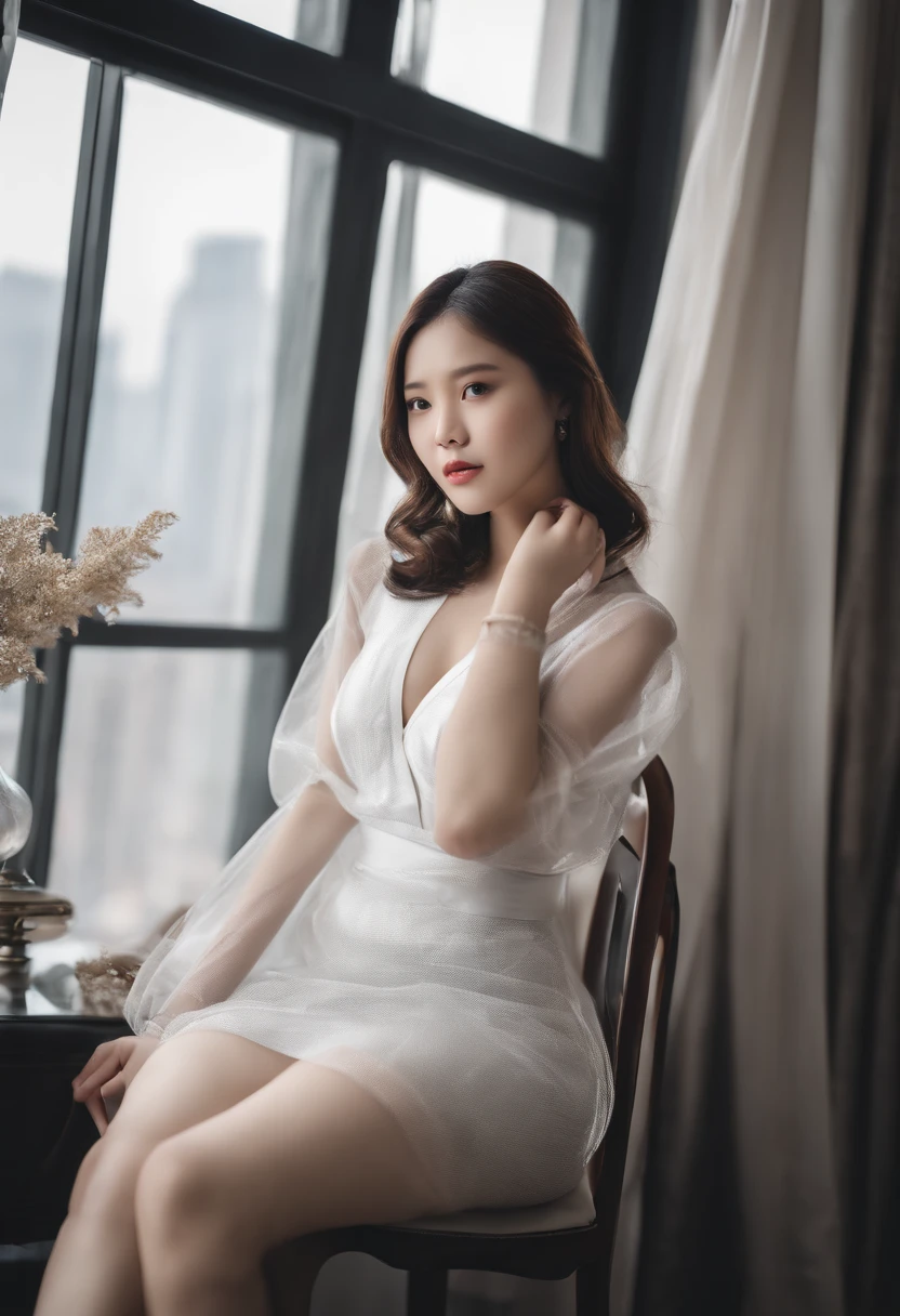 Sitting in a chair in a black dress,Korean female fashion model,Transparent neutral skirt,mesh shirt,Chrome clothes,Shiny silver,Luckily I showed up,Bigchest,Lingerie transparent,white skinned,black garter stockings,Overweight,thighs thighs thighs thighs,big assa,best qualtiy, tmasterpiece, 超高分辨率, realisticlying,White pedicure