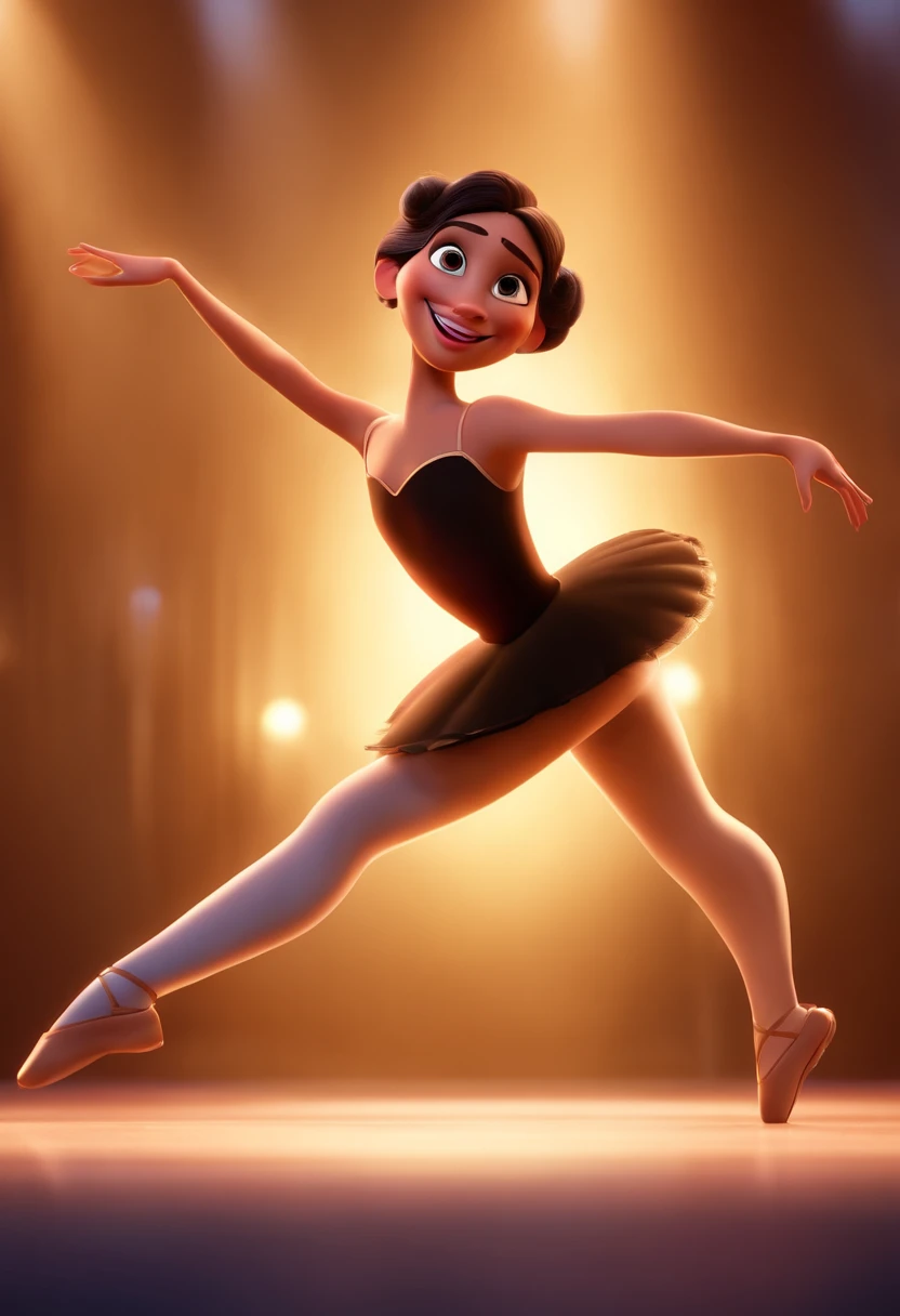 Pixar style image with 3D character white glasses brunette woman dark hair with blonde tips and long dancing ballet, Maquiagem Disney,bonitinho, sorridente ,Close-up, Pixar, Disney, Cinema lighting,